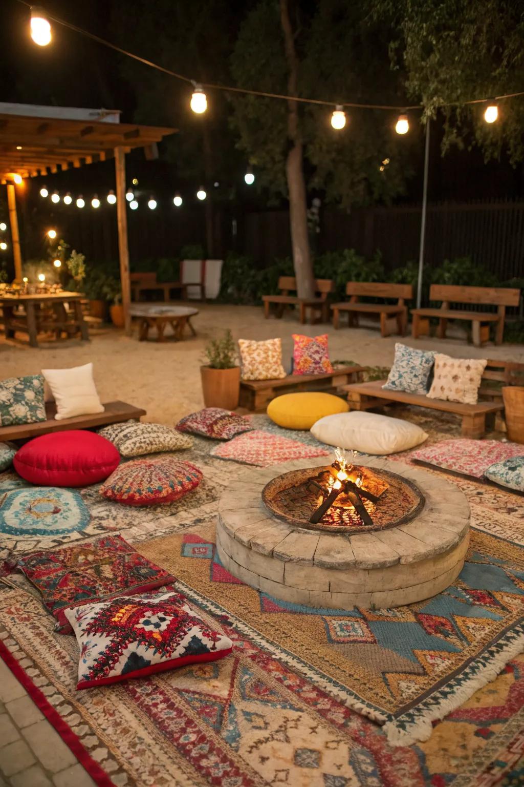 Bohemian vibes with colorful rugs and eclectic seating around the fire pit.