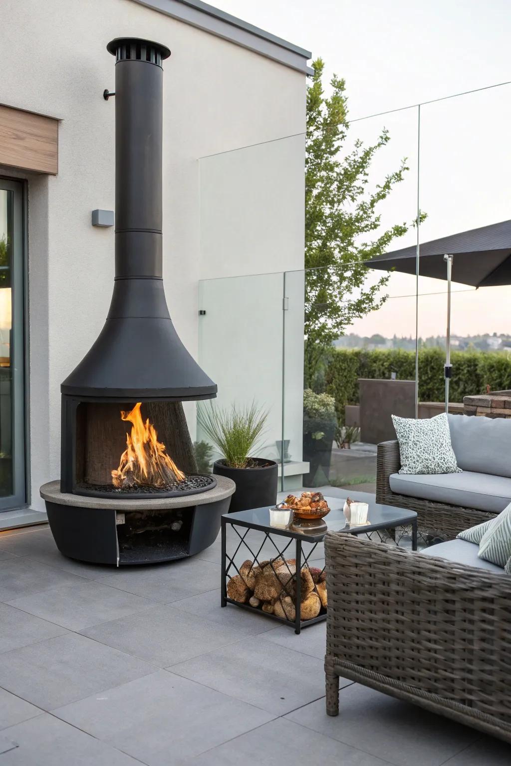 A glass wind guard adds elegance and practicality to a fire pit with a chimney.