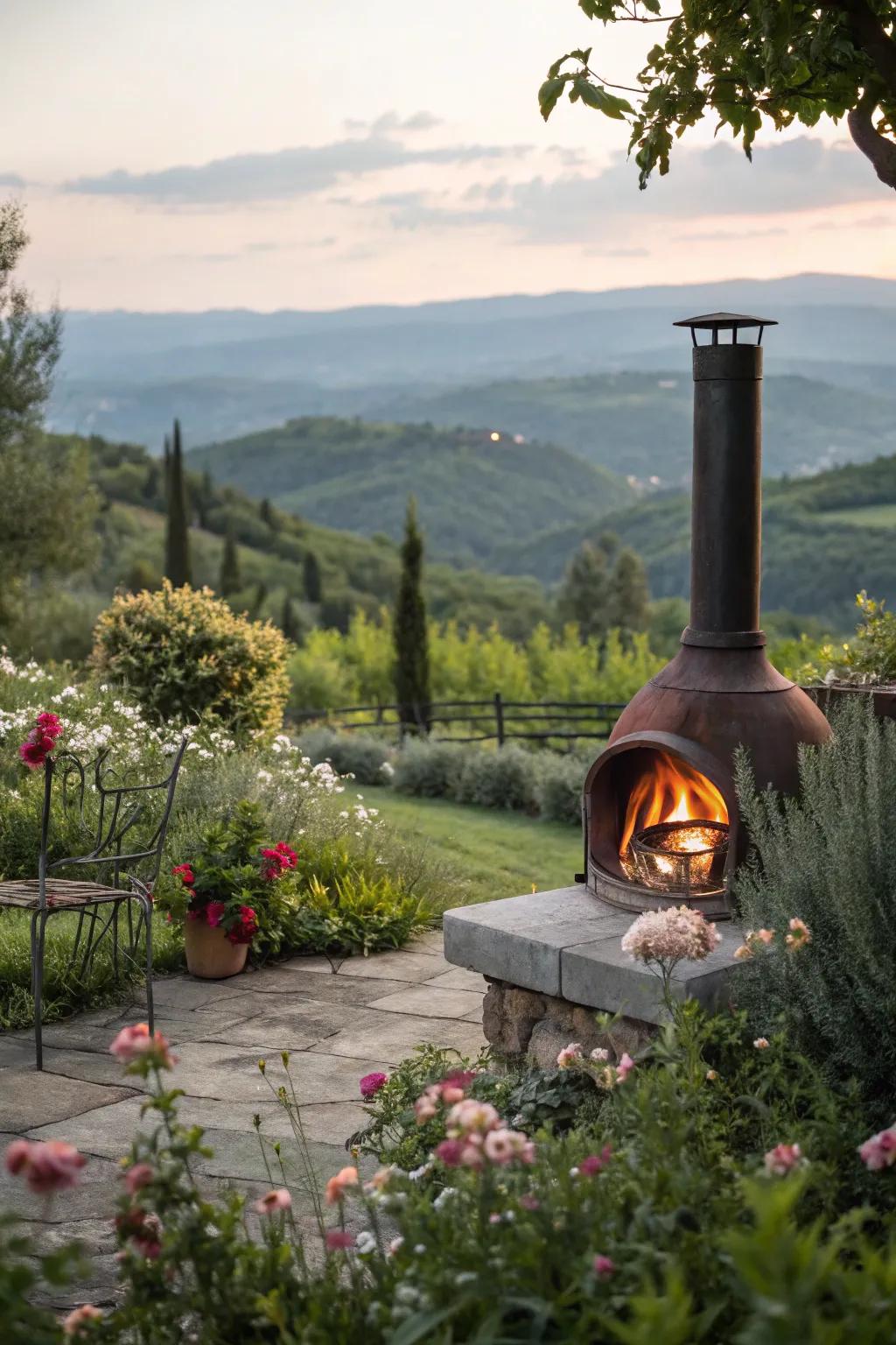 A fireplace positioned to enjoy stunning views during cozy evenings.