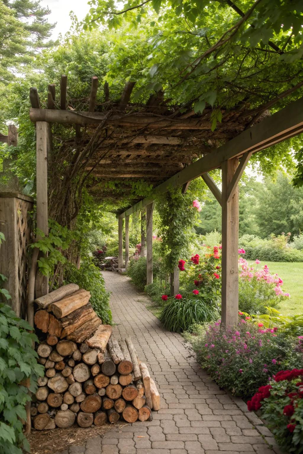 Elegant firewood pergola providing shade and storage.
