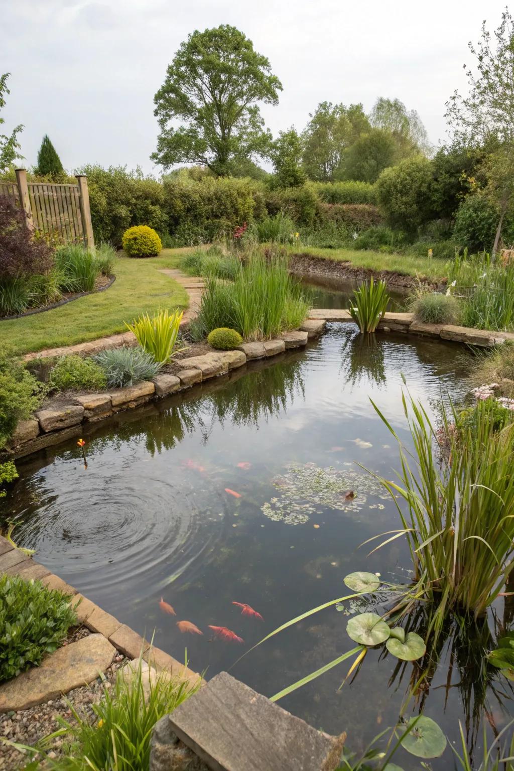 A wildlife-friendly pond attracts birds and insects