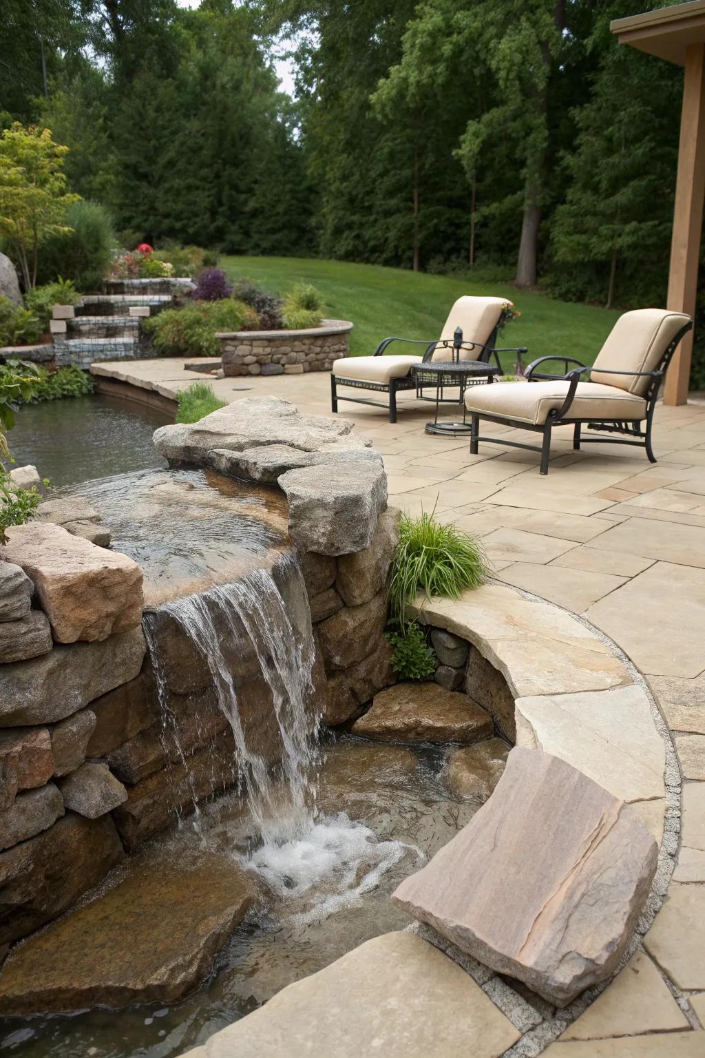 A relaxing seating area next to a flagstone waterfall.
