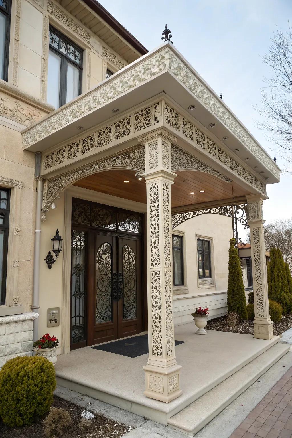 Decorative trim adds character and flair to this flat roof portico.