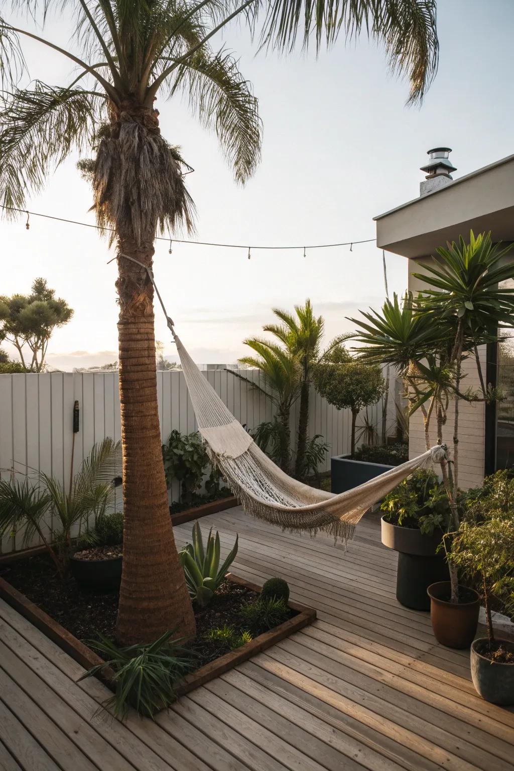 A relaxing hammock nestled between palm trees on the patio.