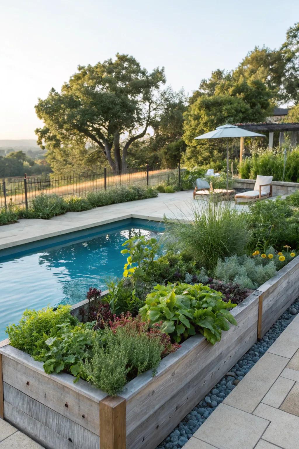 An edible garden combines beauty with practicality near your pool.