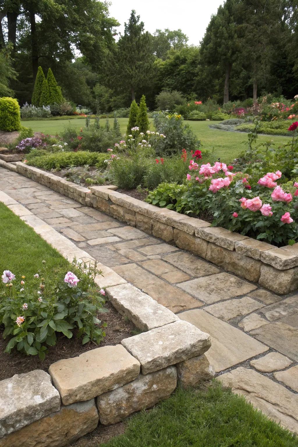 Recycled stones that bring character and sustainability to garden borders.