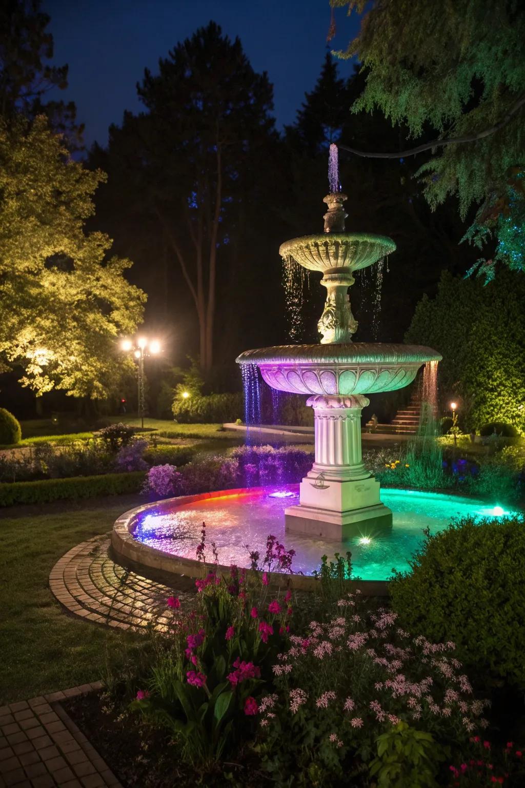A garden fountain dazzling with colorful lighting effects.