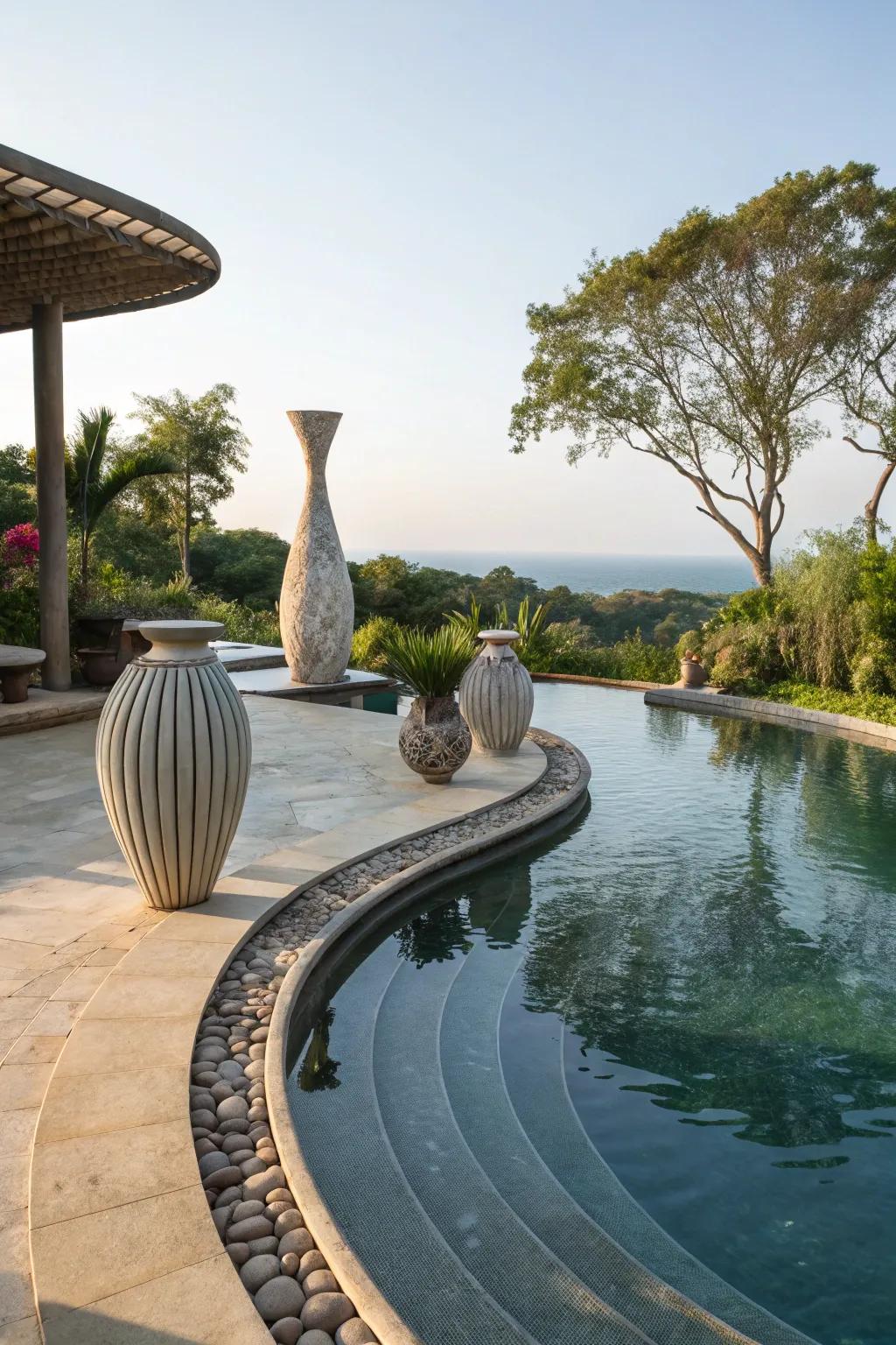 Sculptural accents add artistic interest to the pool.