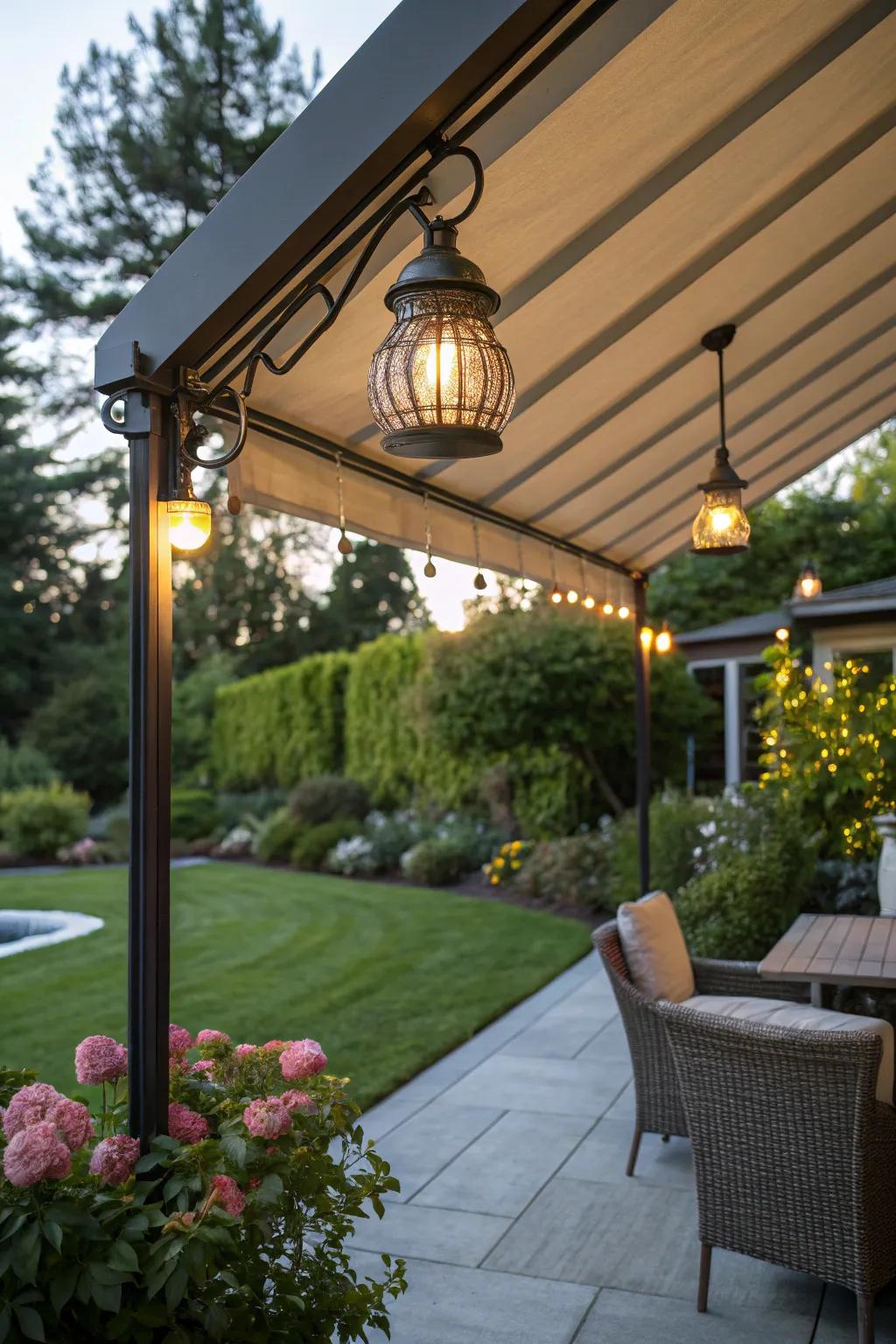 Stylish light fixtures enhancing the ambiance of a patio cover.