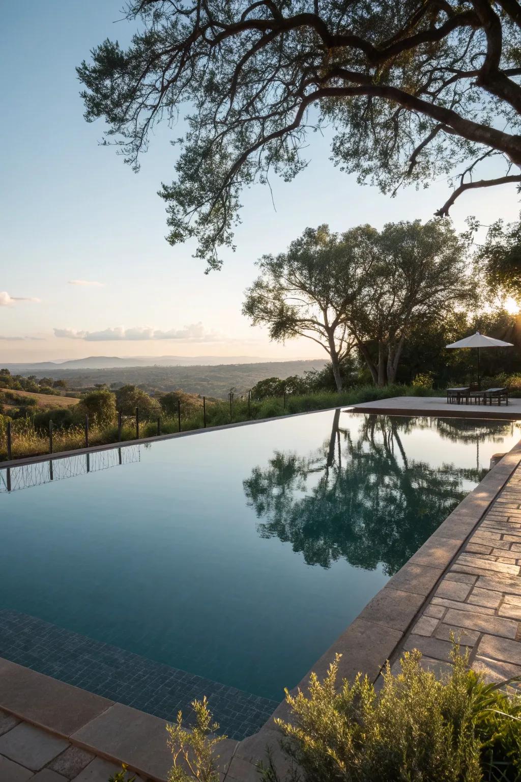 A reflective pool surface beautifully mirrors the sky and landscape.