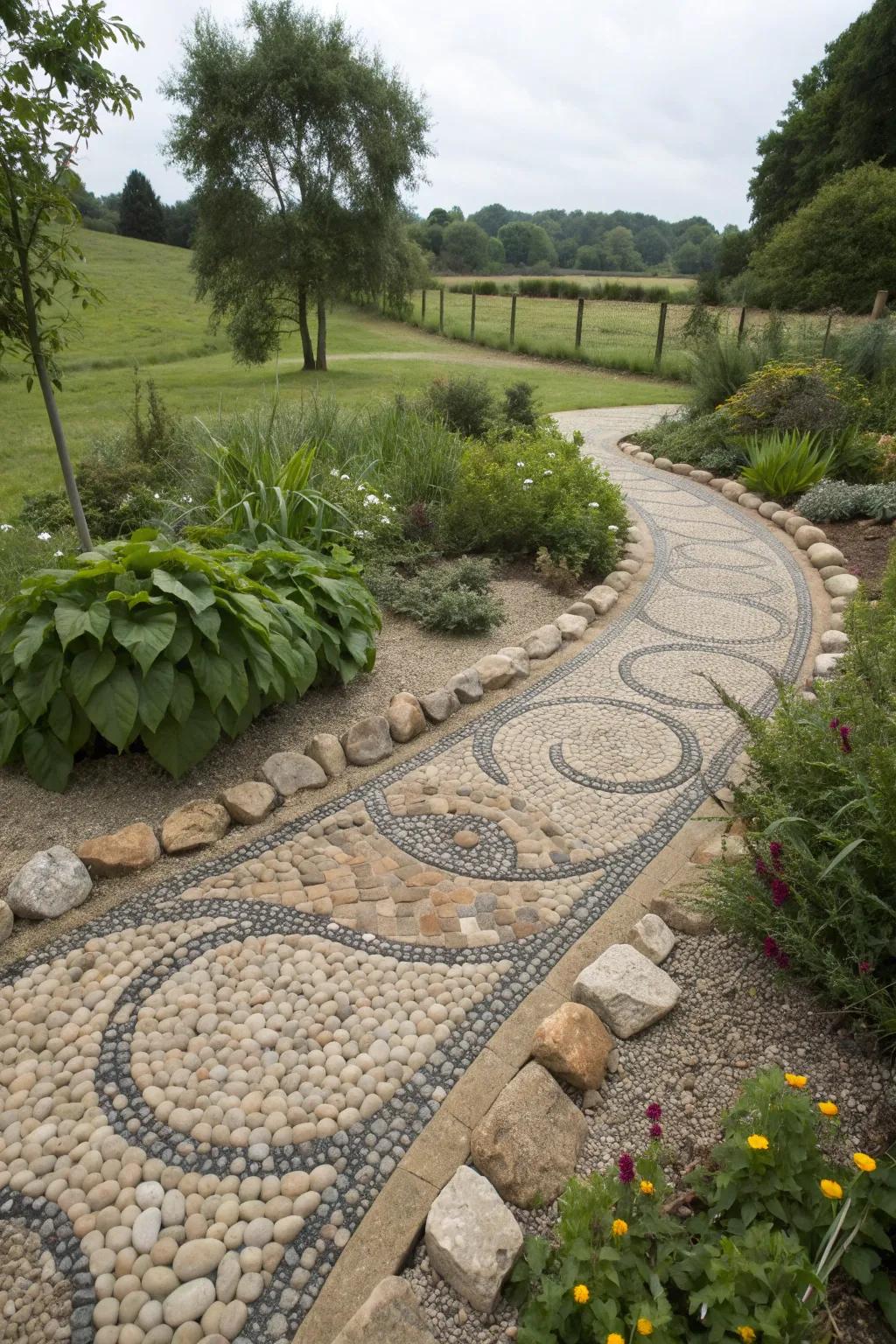 Artistic gravel patterns enhancing a French drain.