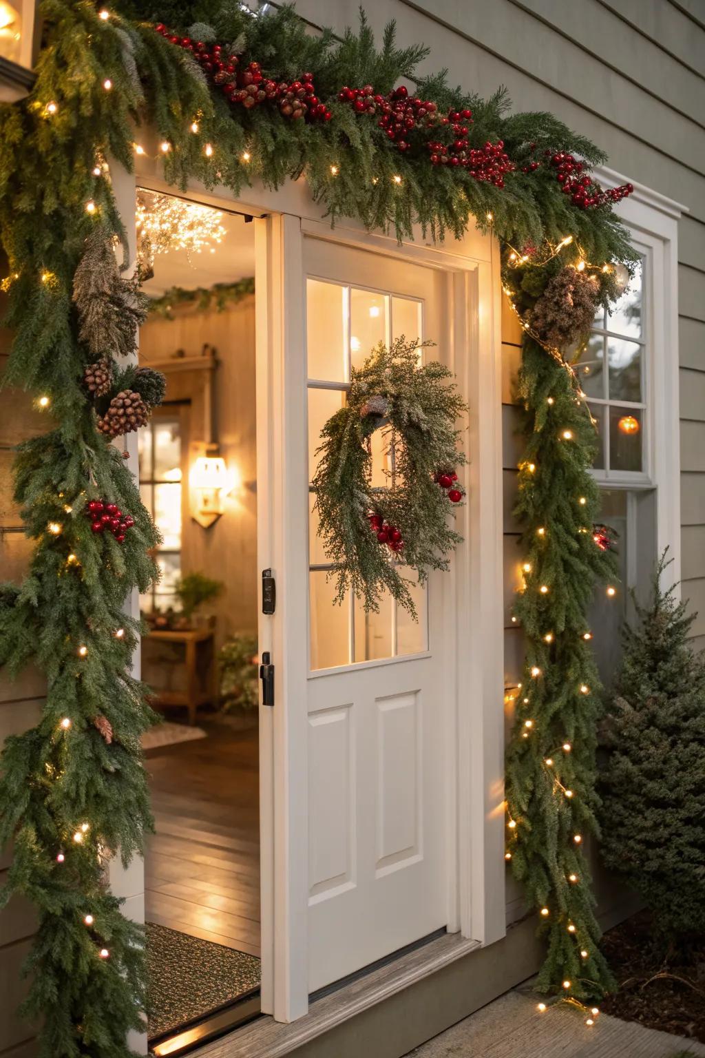A whimsical woodland garland wrapped in fairy lights for an enchanting entrance.