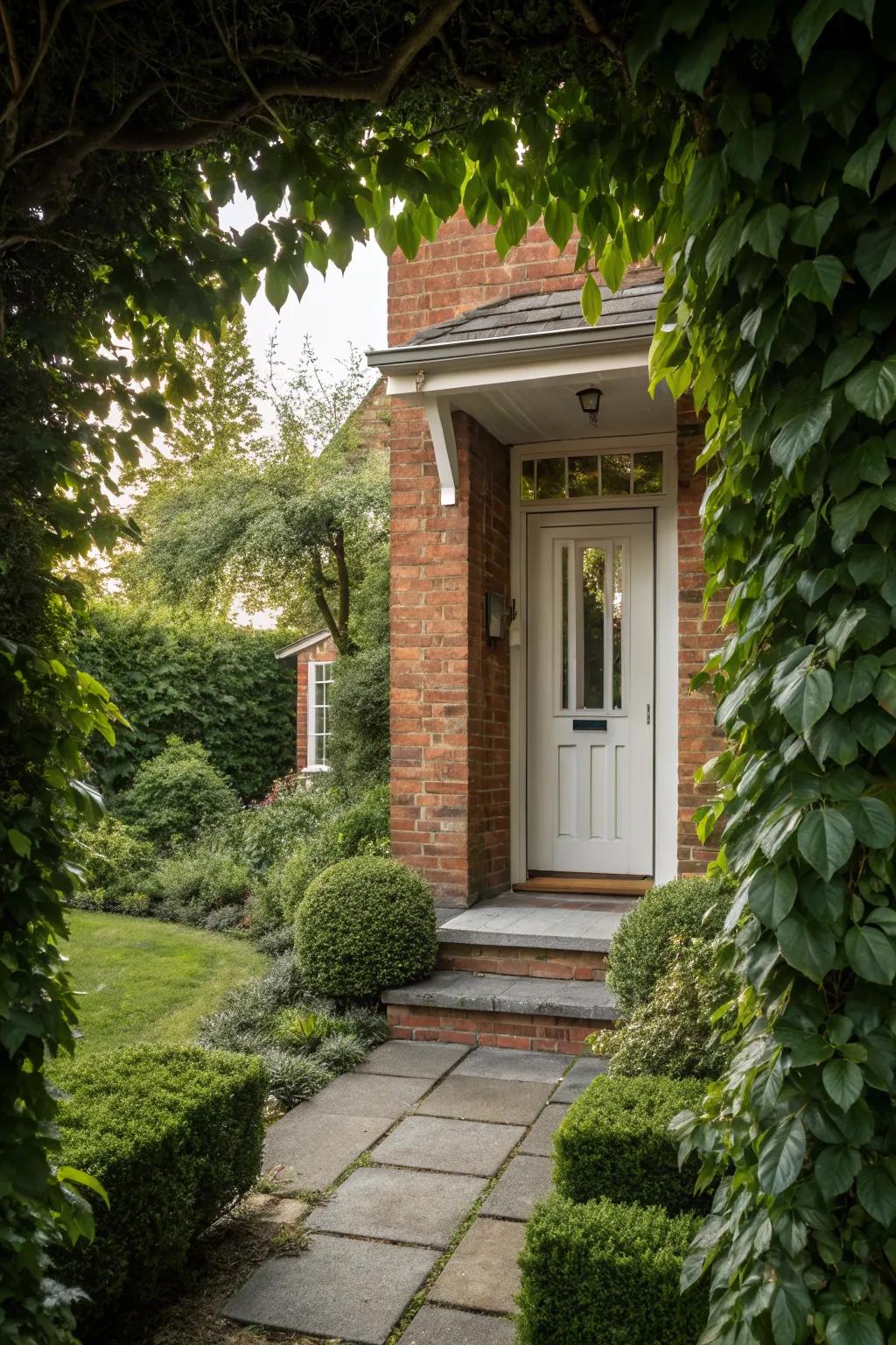 Lush greenery enhances the freshness and invitation of a brick home entrance.
