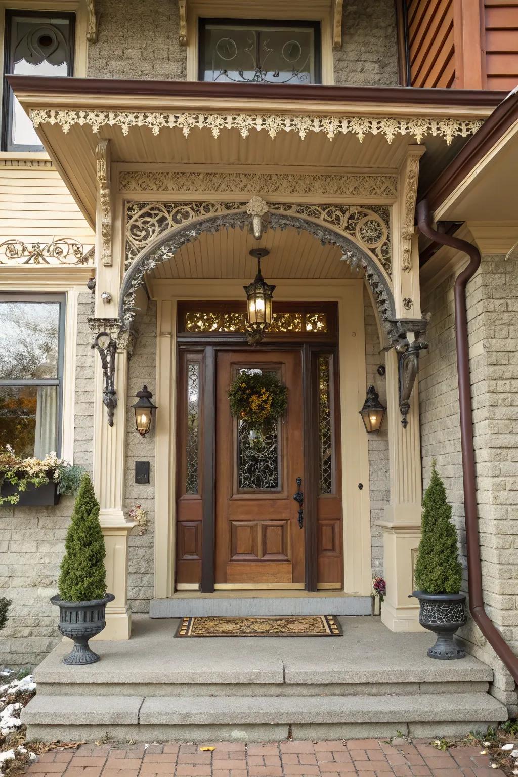 Decorative brackets enhancing a front door overhang.