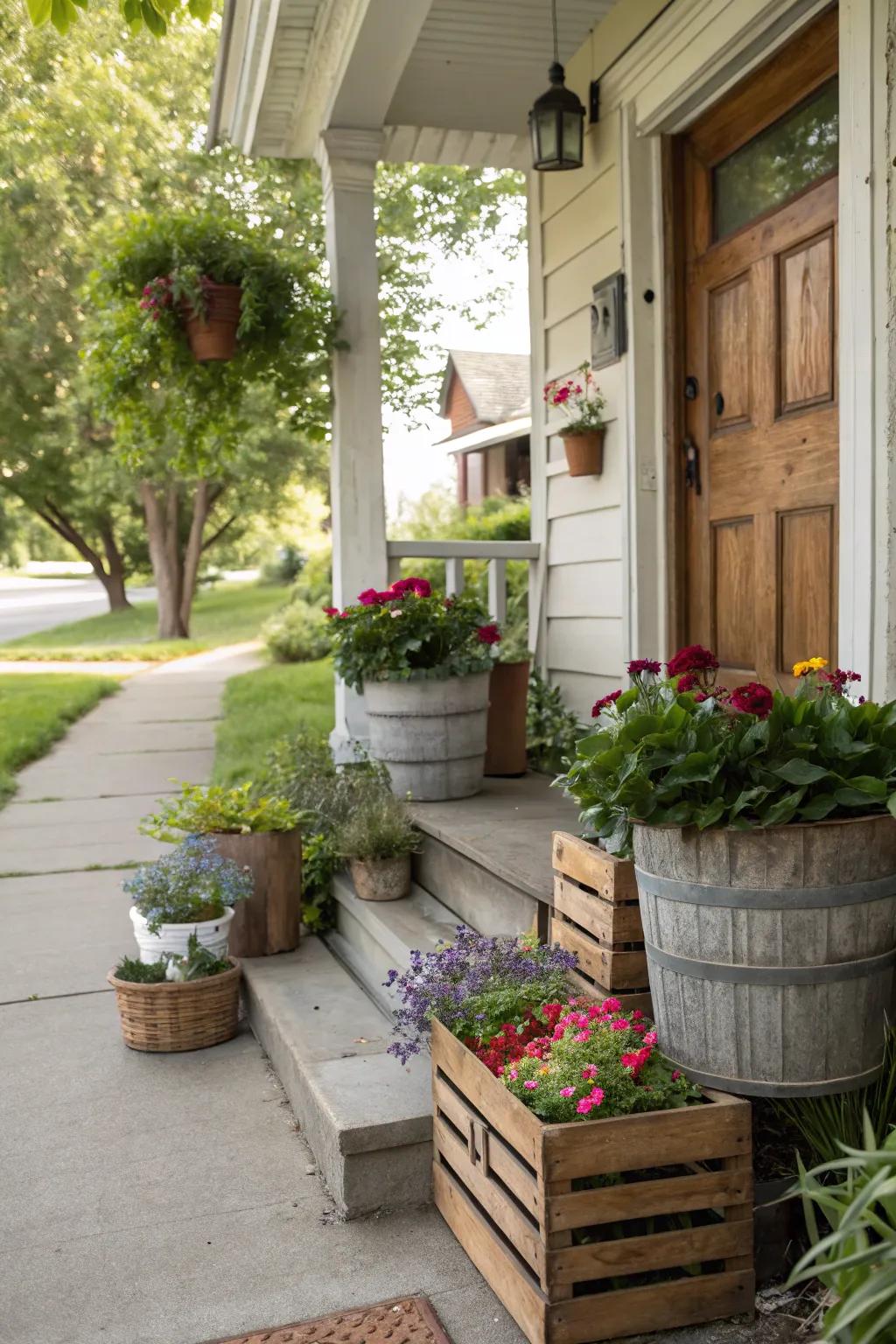 Recycled planters add rustic charm and sustainability.