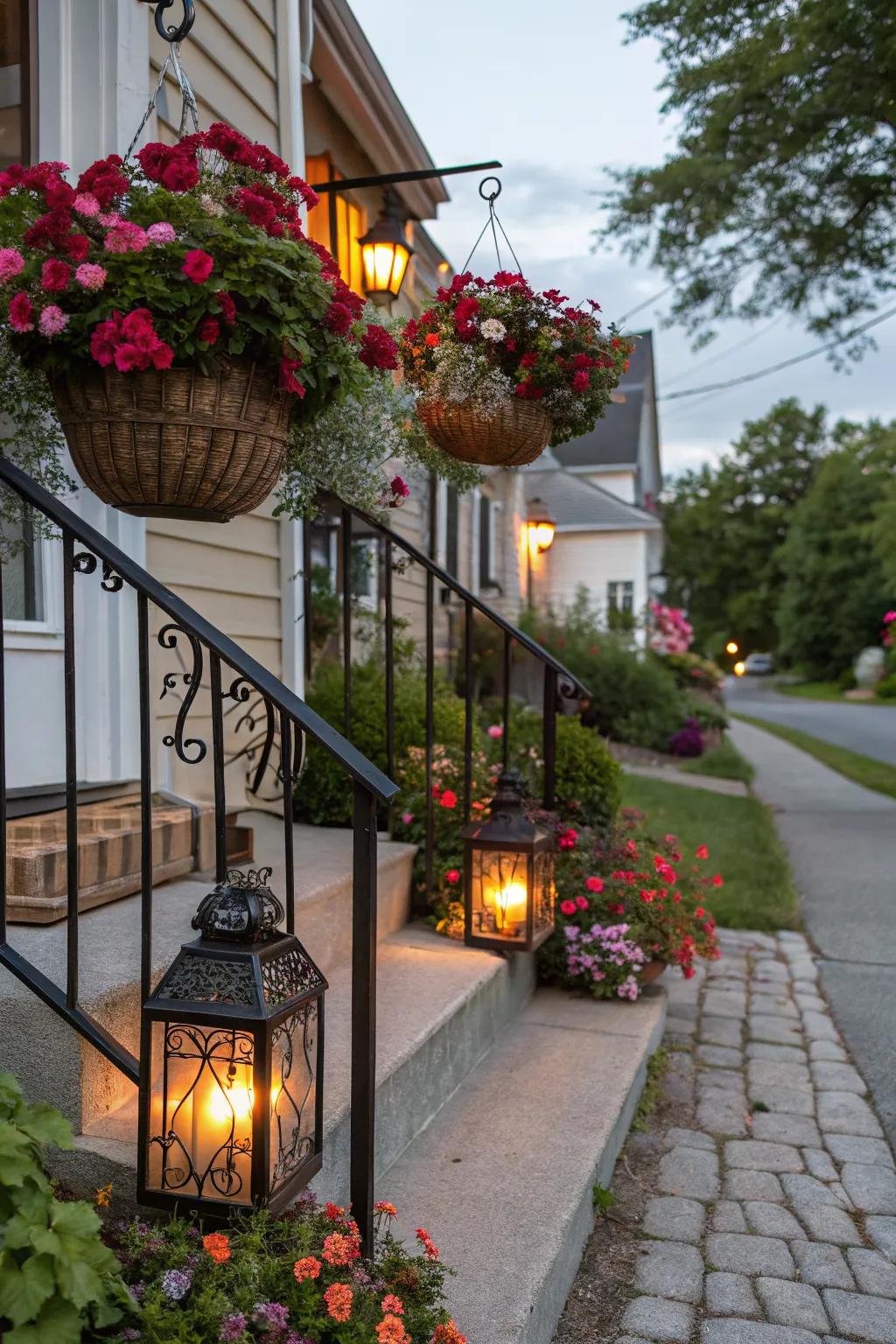 Hanging decor adds vertical interest to your stoop.