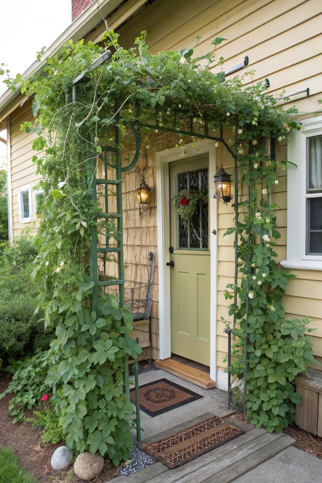 Trellis with climbing edibles for a tasty entrance touch.