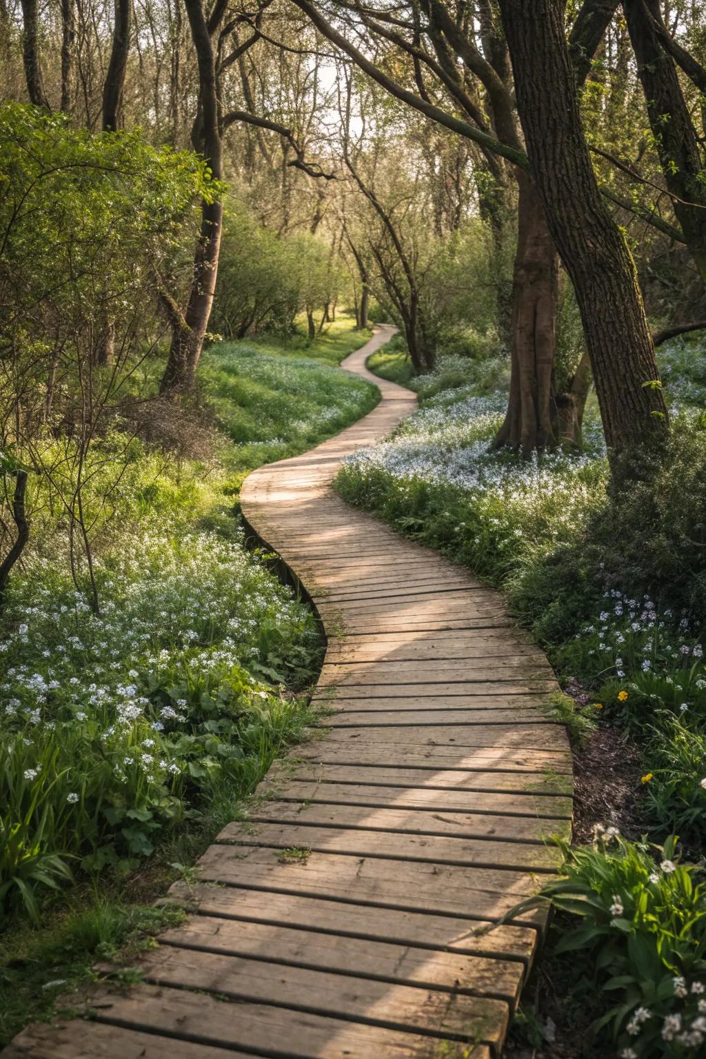 Step into nature with a wood plank path.