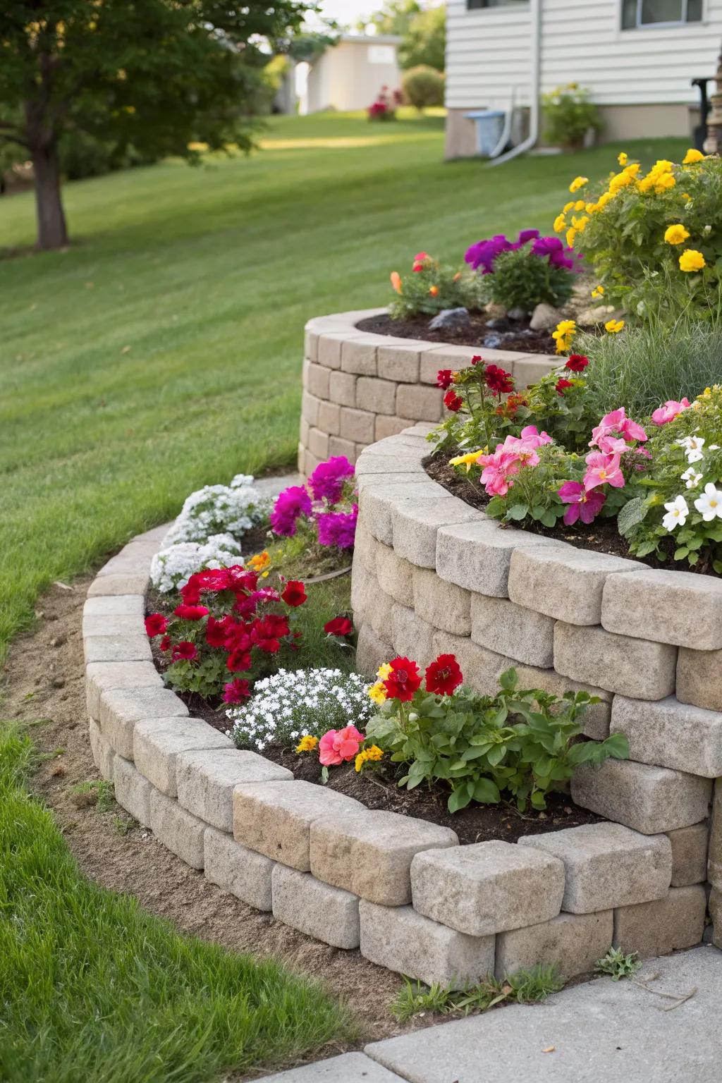 Stacked paver beds provide a polished, semi-permanent garden feature.