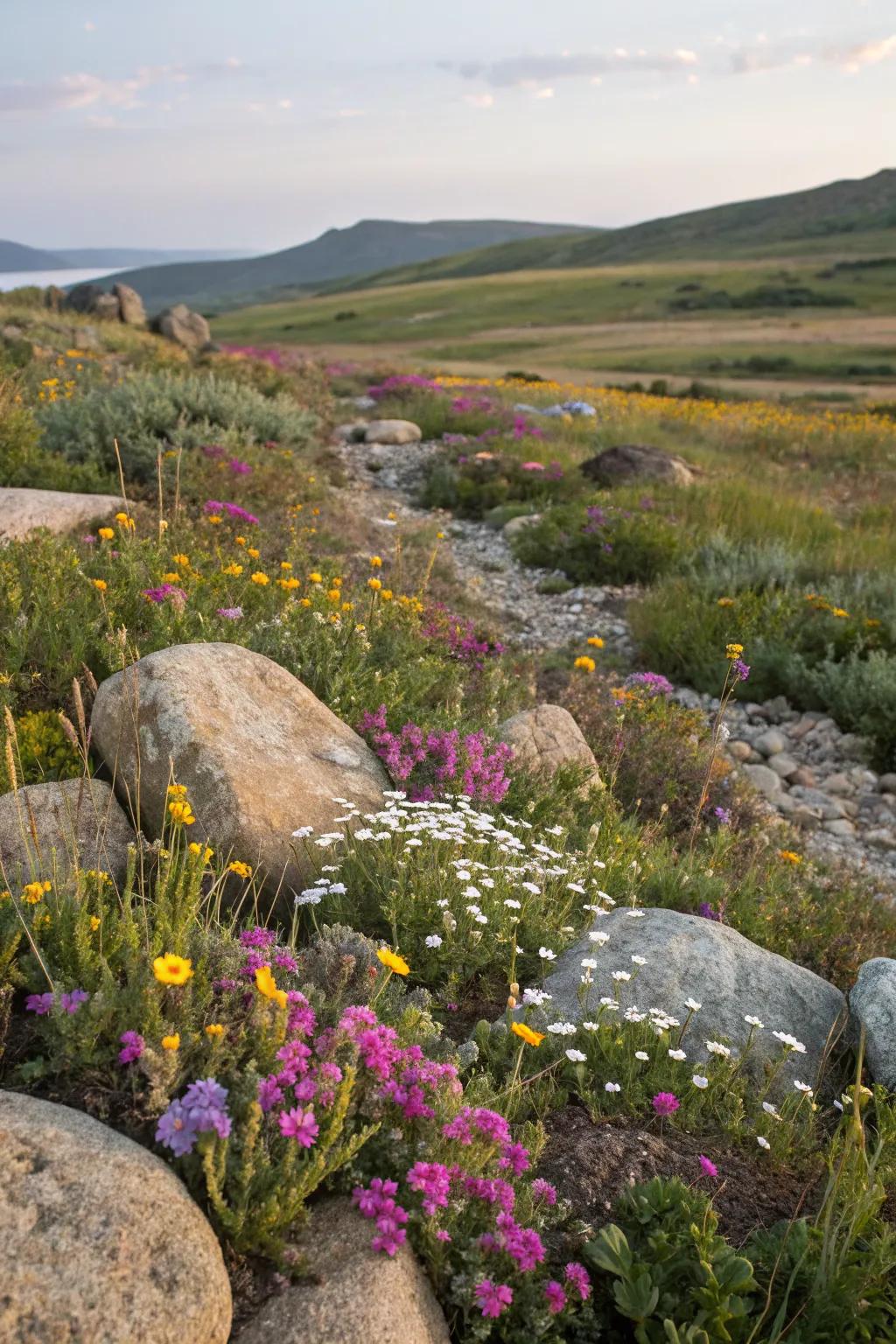 A wildflower and rock blend creating a natural, meadow-like front yard.