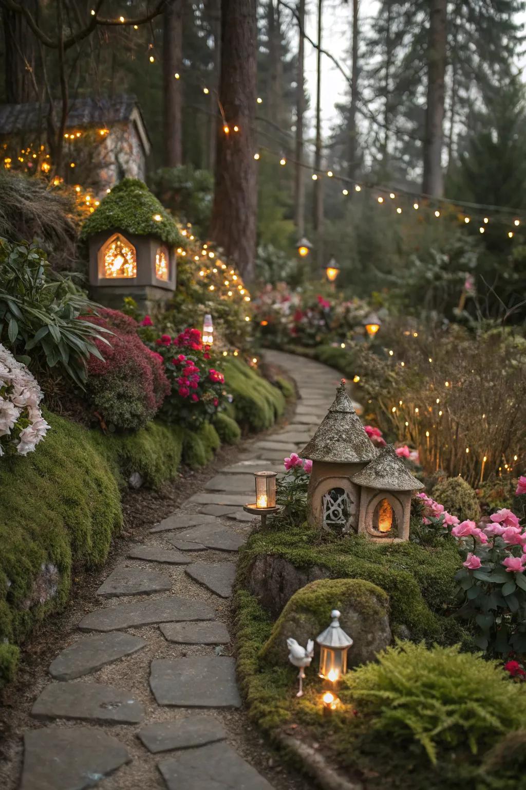 Enchanting fairy garden pathway with a magical feel.
