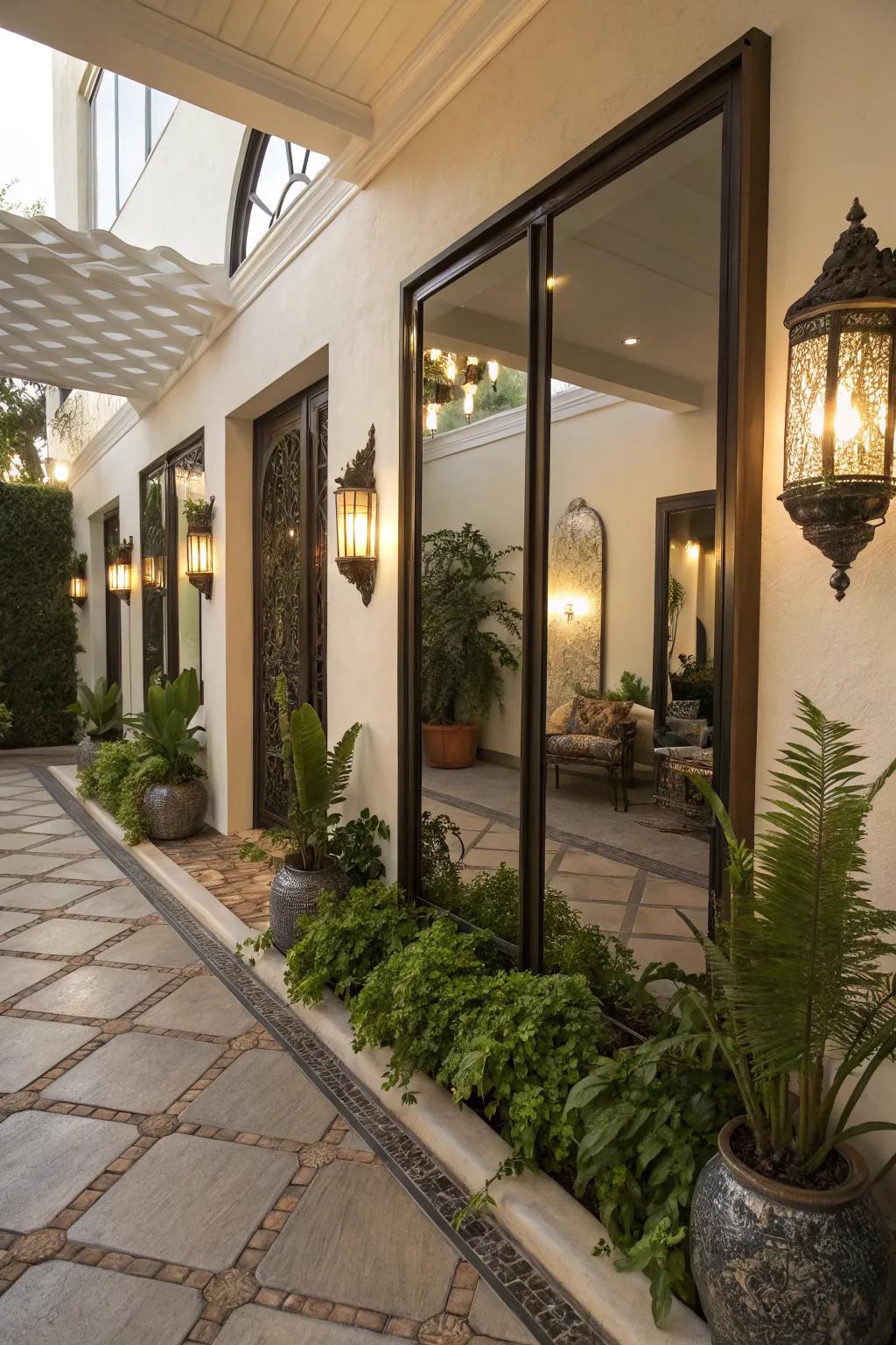 Expand your patio's appearance with reflective surfaces.