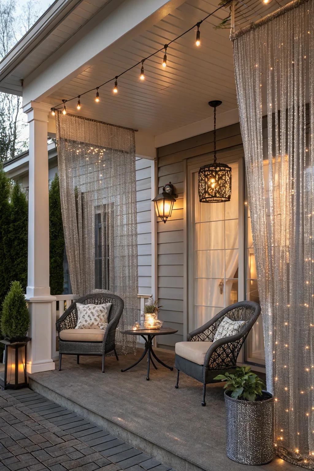 Metallic curtains add a glamorous touch.