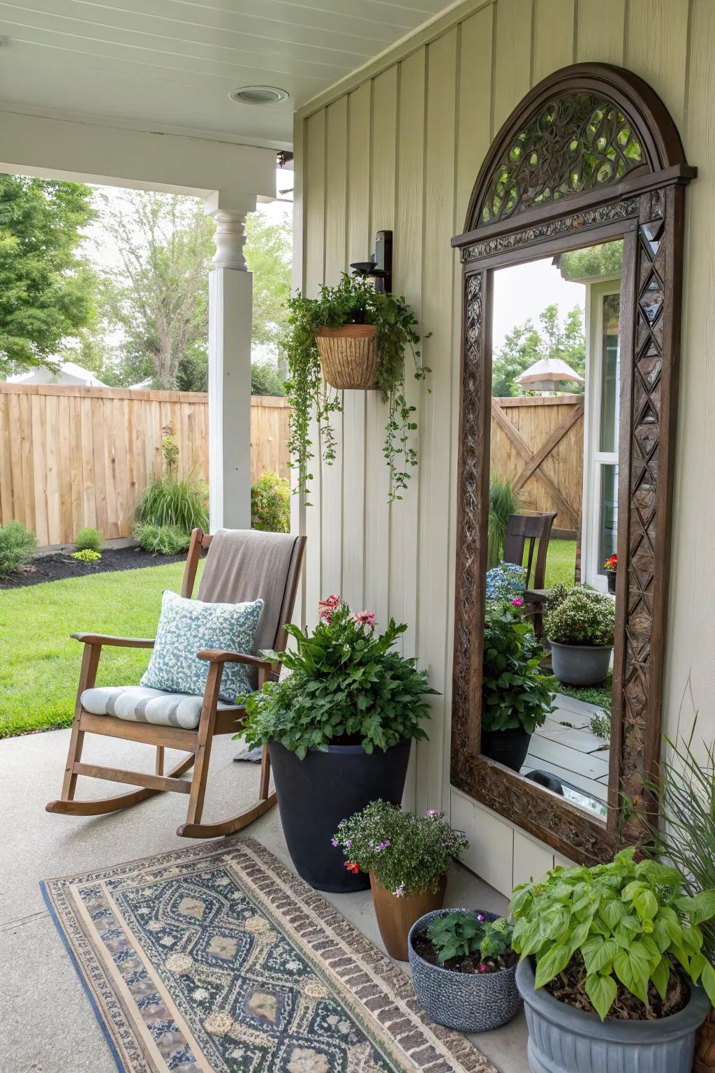 A mirror adds dimension and reflects light, enhancing your porch.
