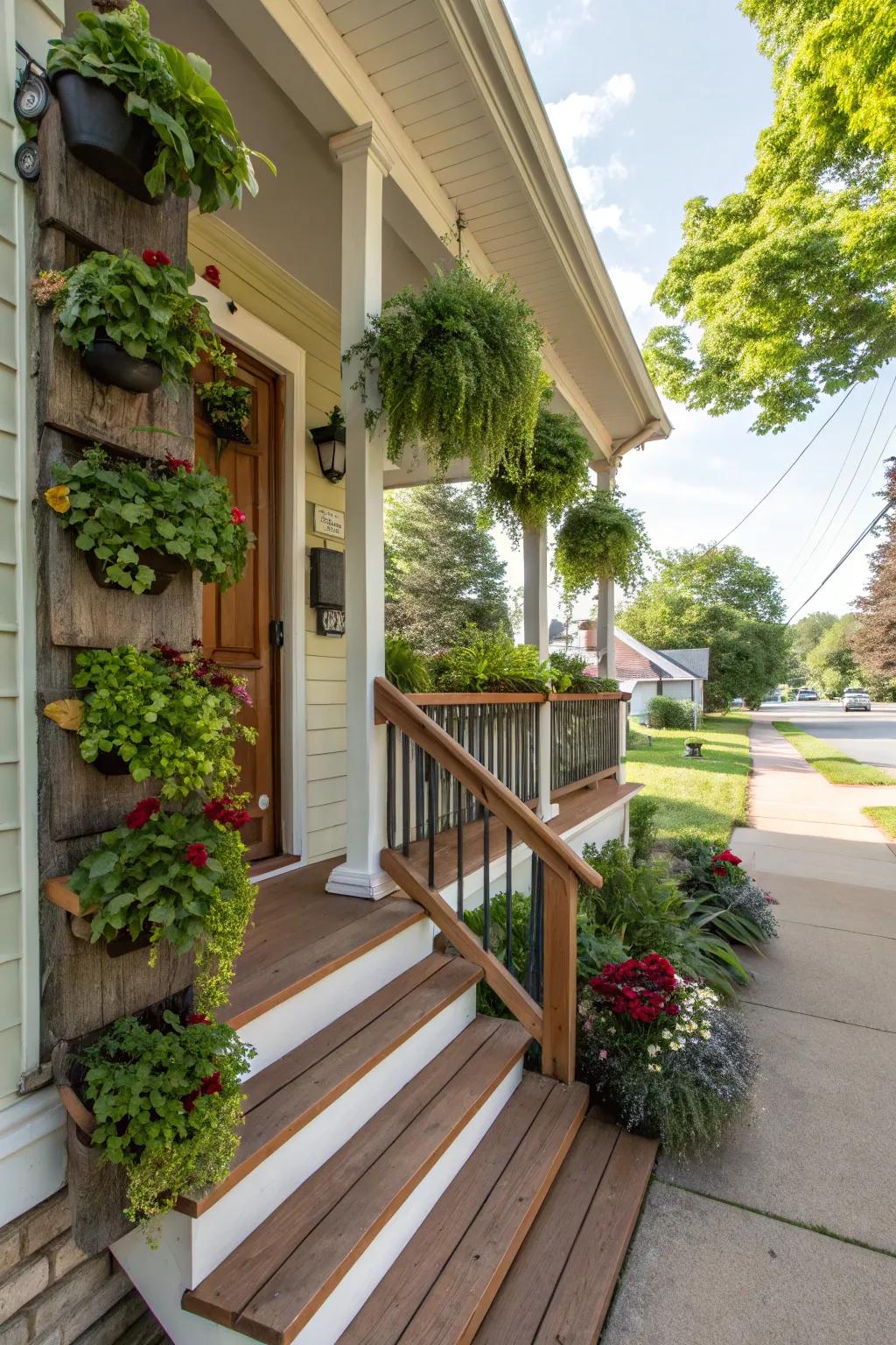 A front porch with vertical garden planters for a lush effect.