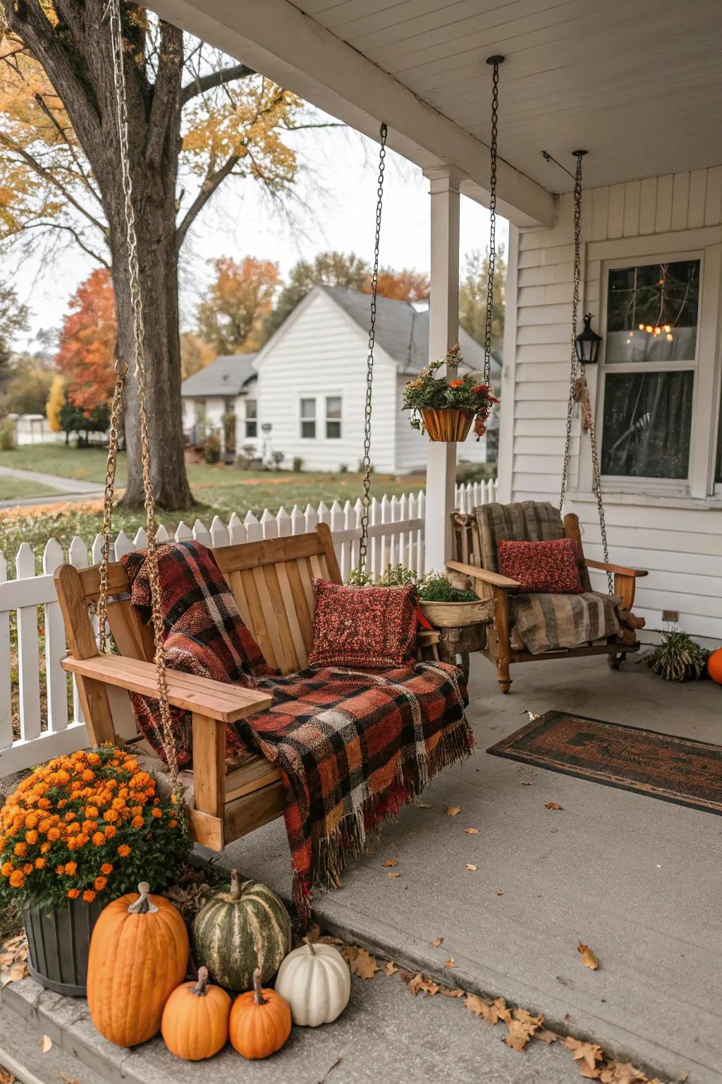 Rustic furniture adding charm and functionality to a fall porch.