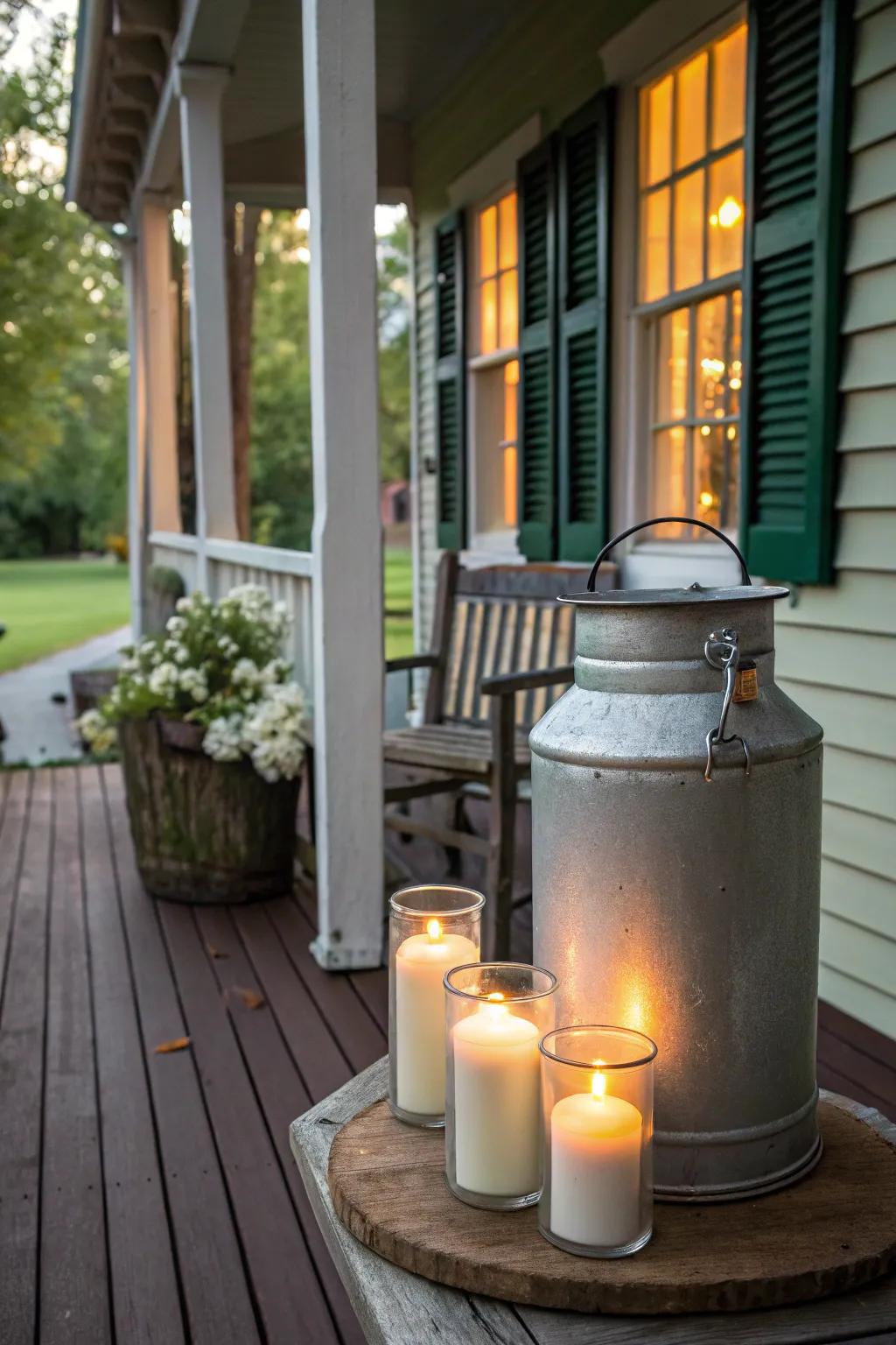 Candles in a milk can create a cozy evening atmosphere.