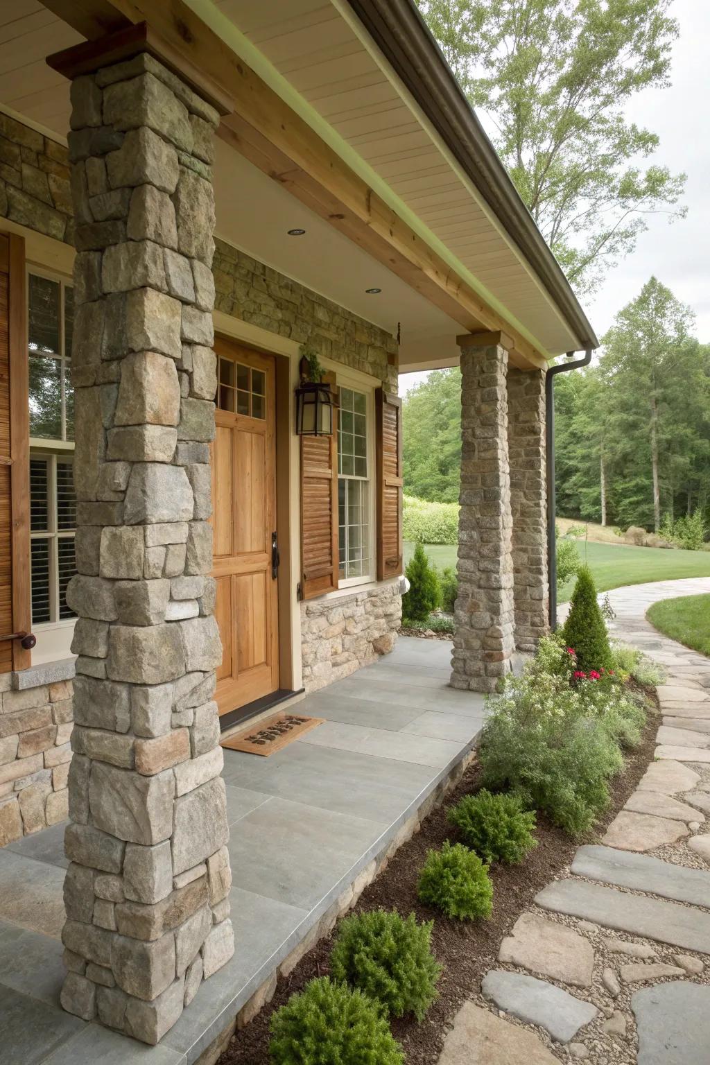 Natural stone wraps providing a luxurious touch to porch posts.