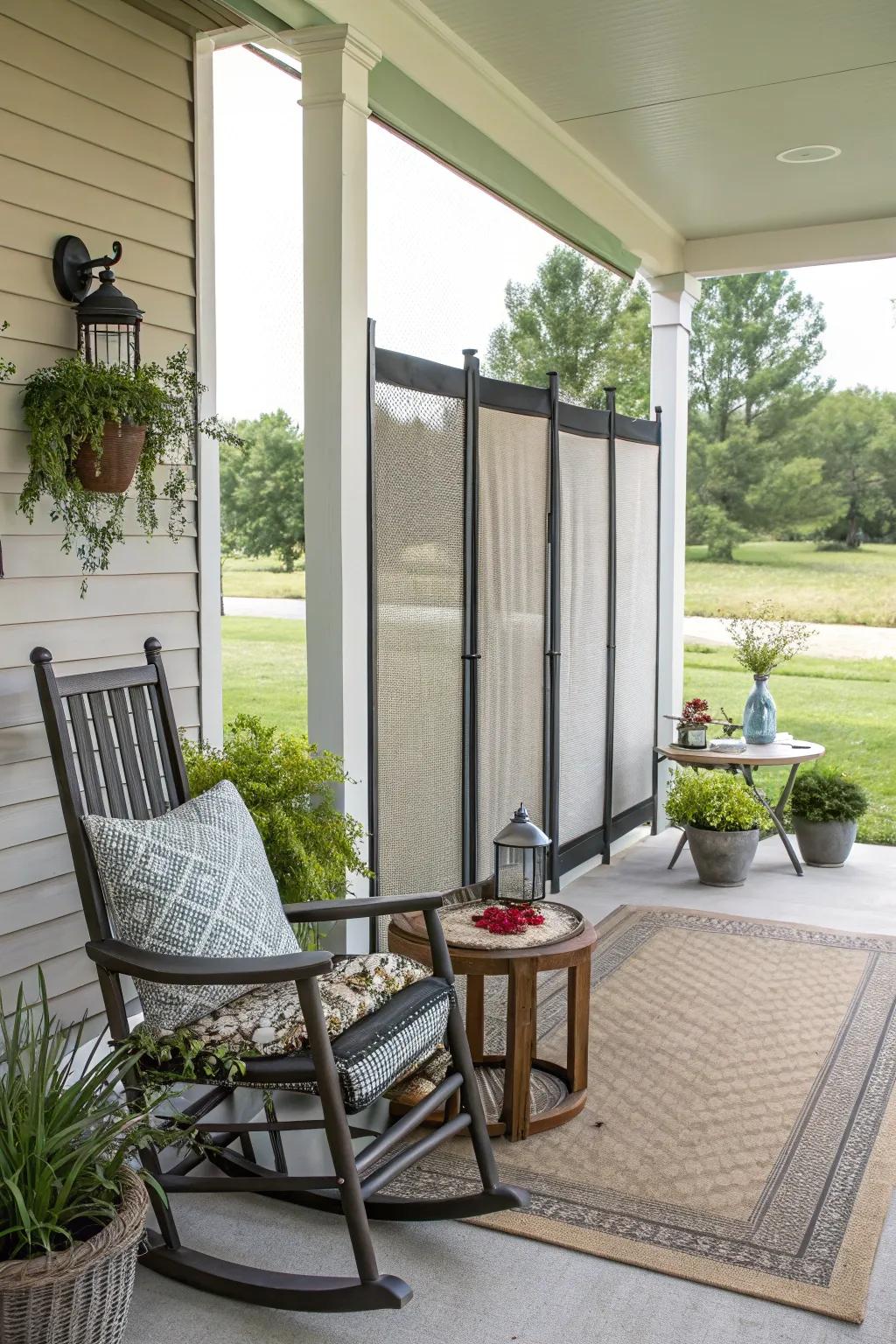 A porch with movable screens that offer flexibility and style.