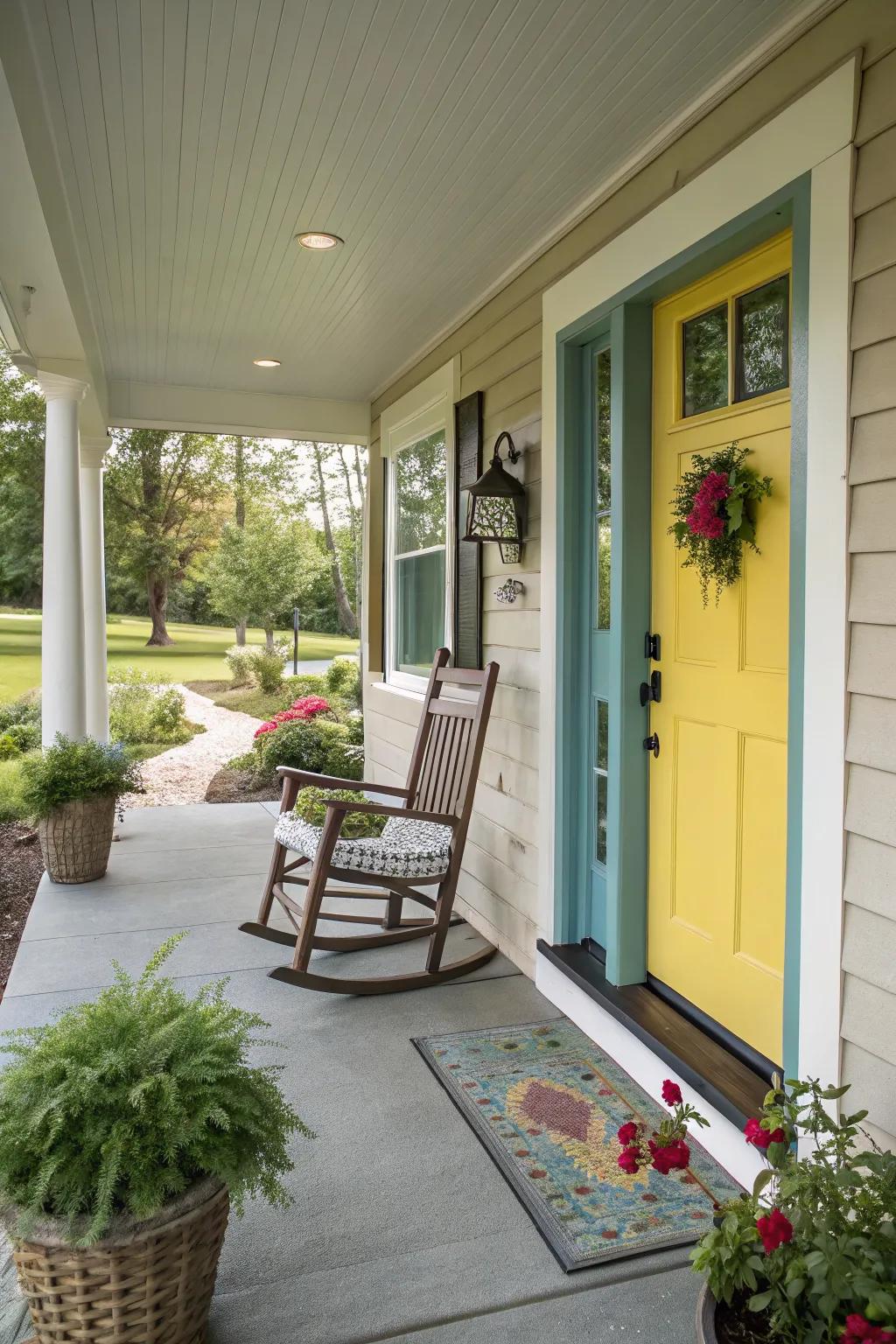 A bold front door color makes a striking statement on the porch
