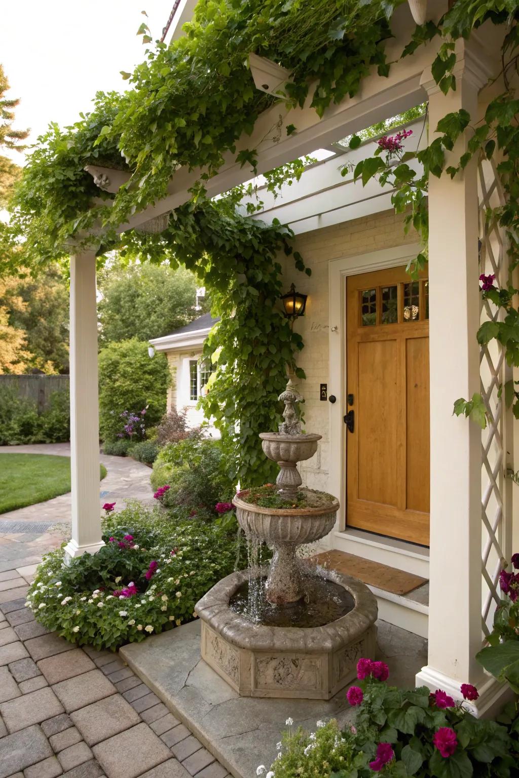 A trellis with a calming water feature, creating a tranquil porch environment.