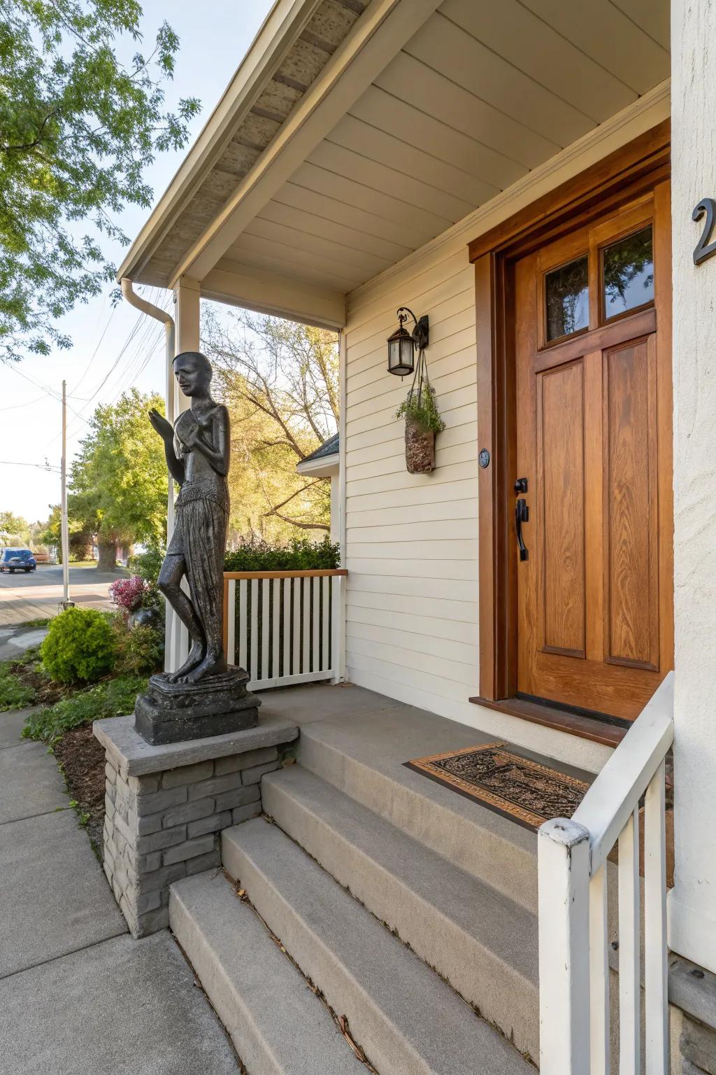 An outdoor sculpture adds artistic surprise to the porch.