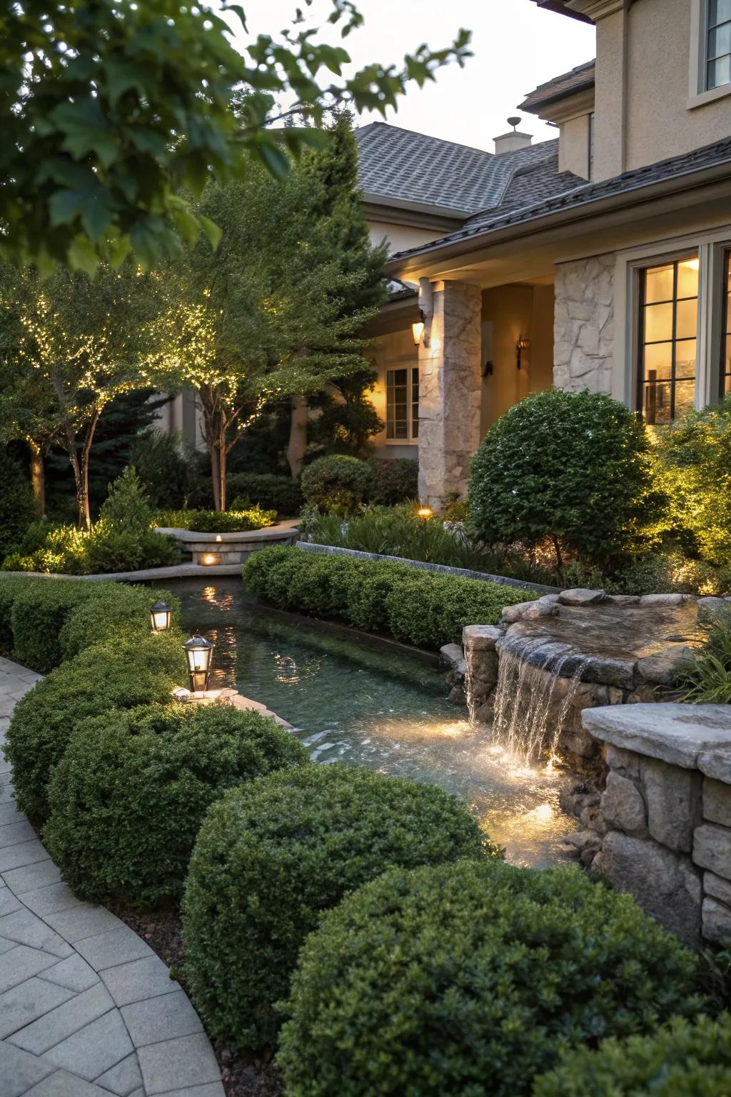 Enhance tranquility with bushes around water features.
