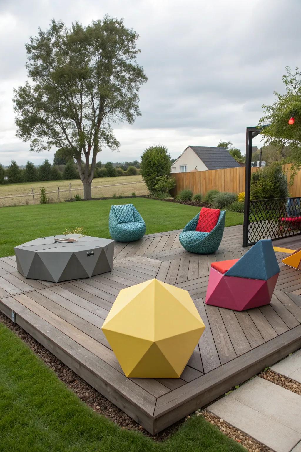 A uniquely shaped front yard deck that stands out.