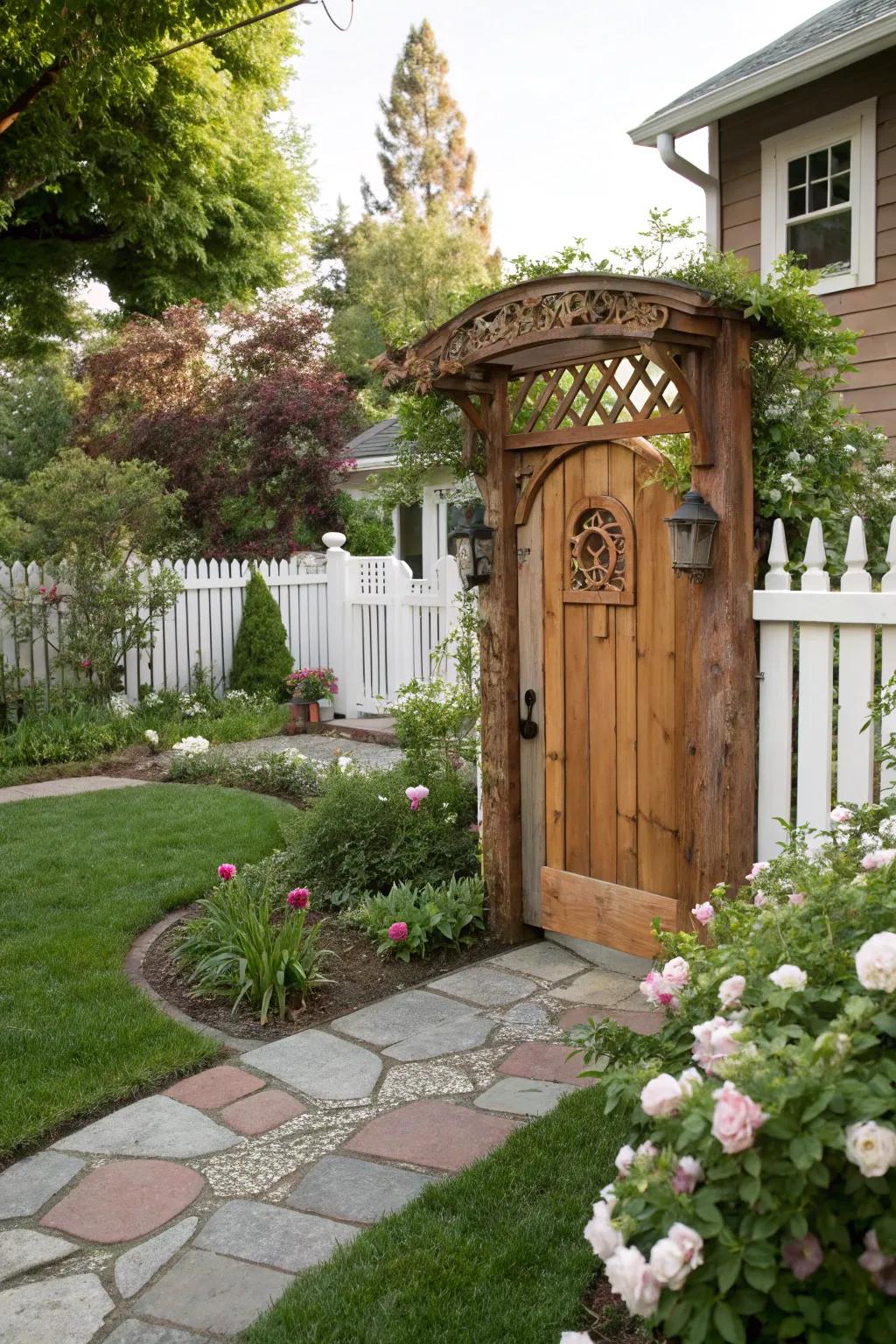 A charming gate enhances the entrance's aesthetic.