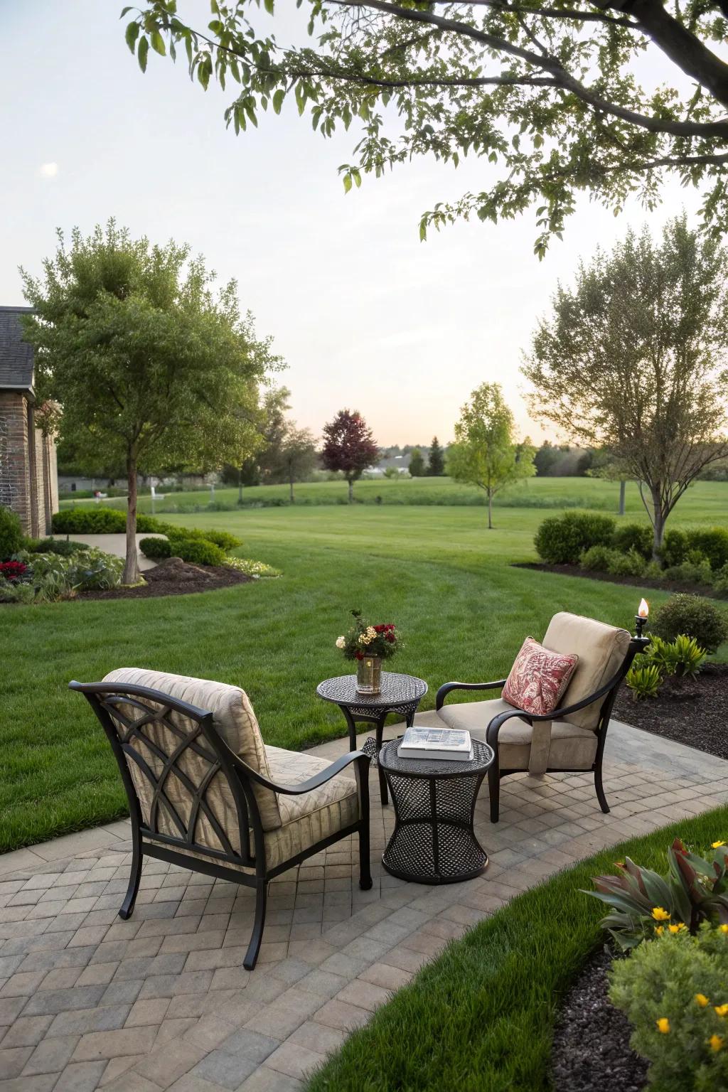 A serene seating area invites relaxation and enjoyment in the transformed front yard.