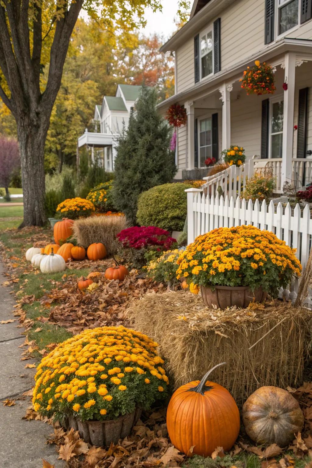 A front yard that evolves with the seasons through creative decorations.