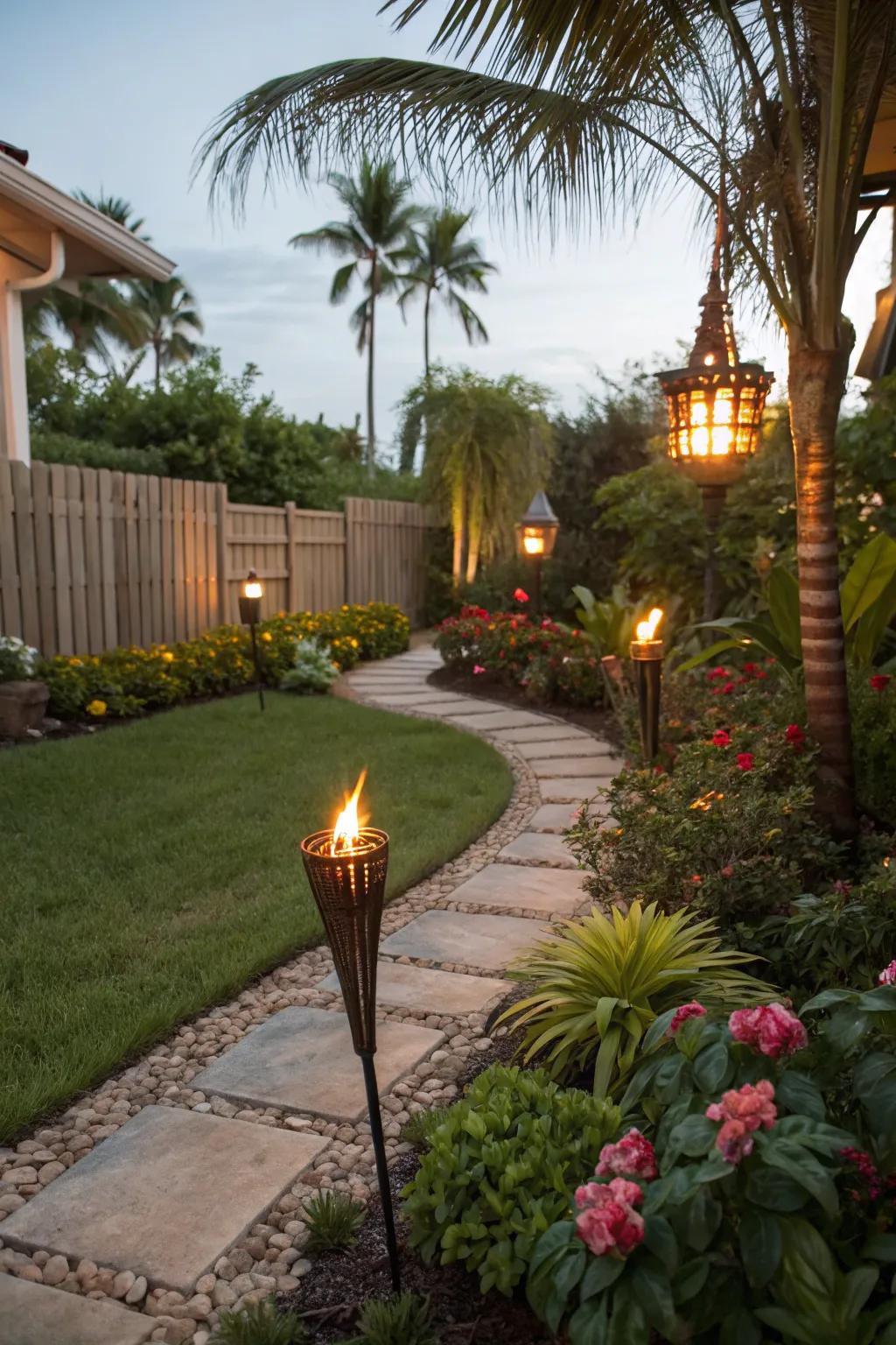 Infuse your yard with an exotic flair using torch lights.