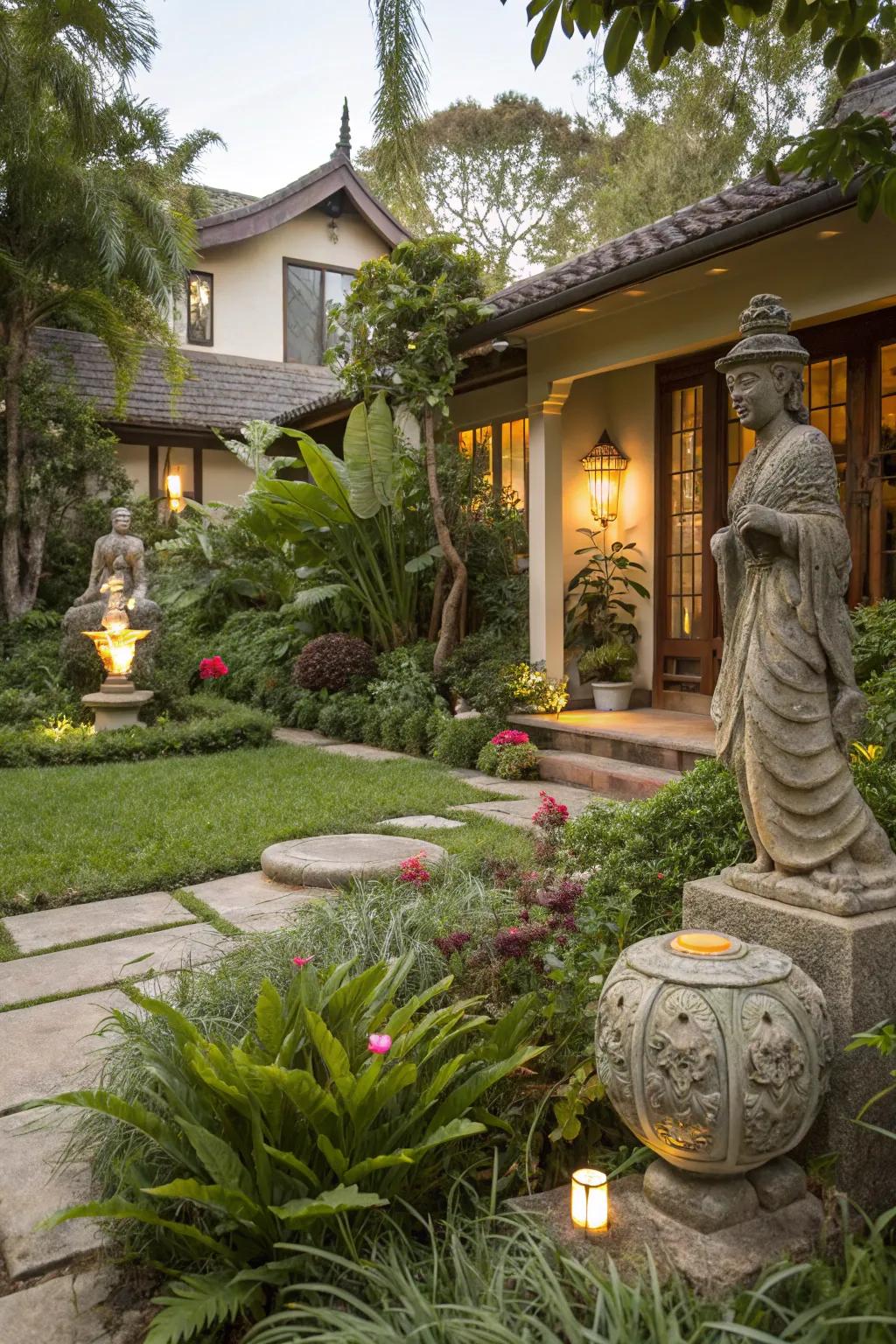 A front yard with unique sculptures adding artistic flair.