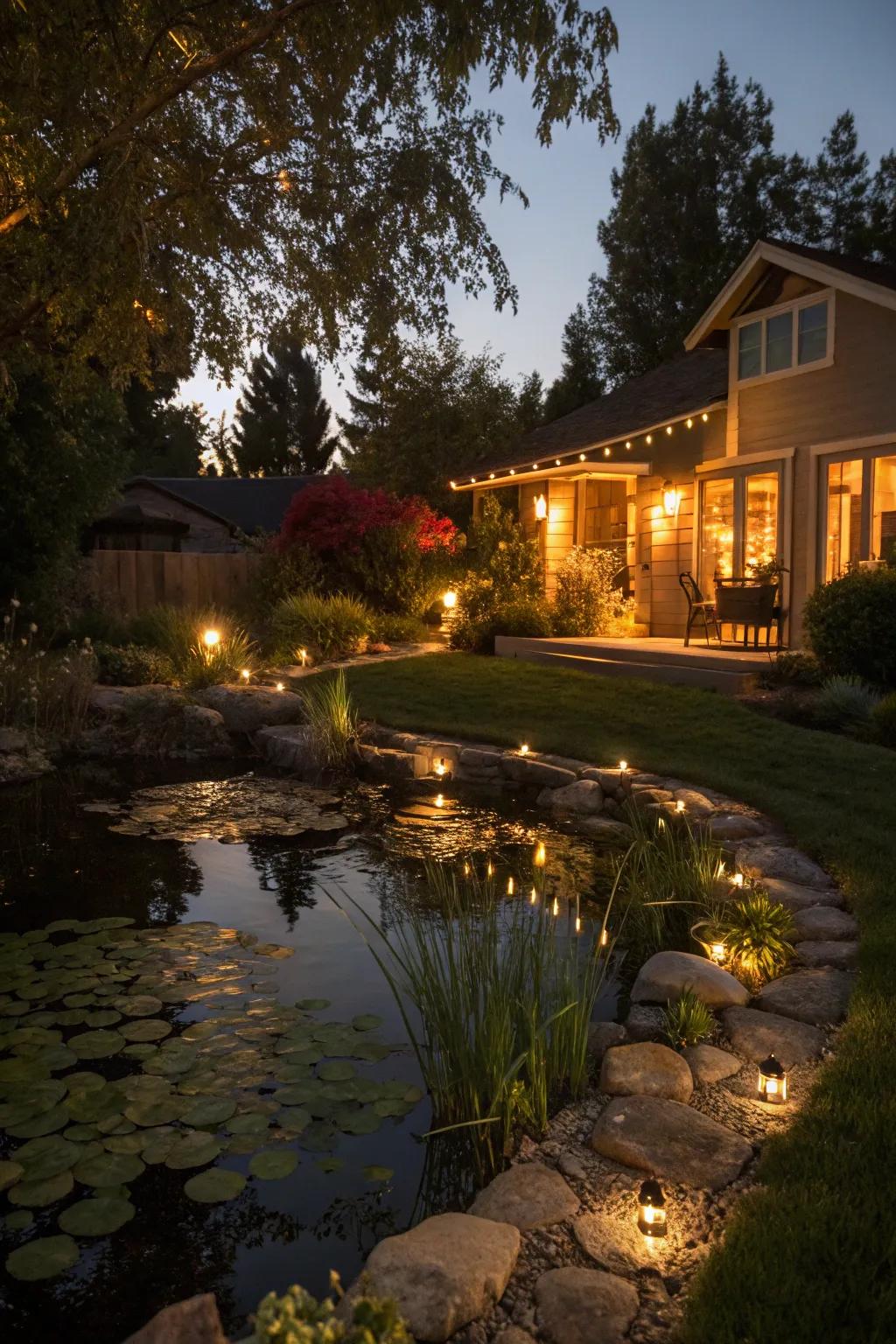 Subtle lighting enhances a pond's nighttime beauty.