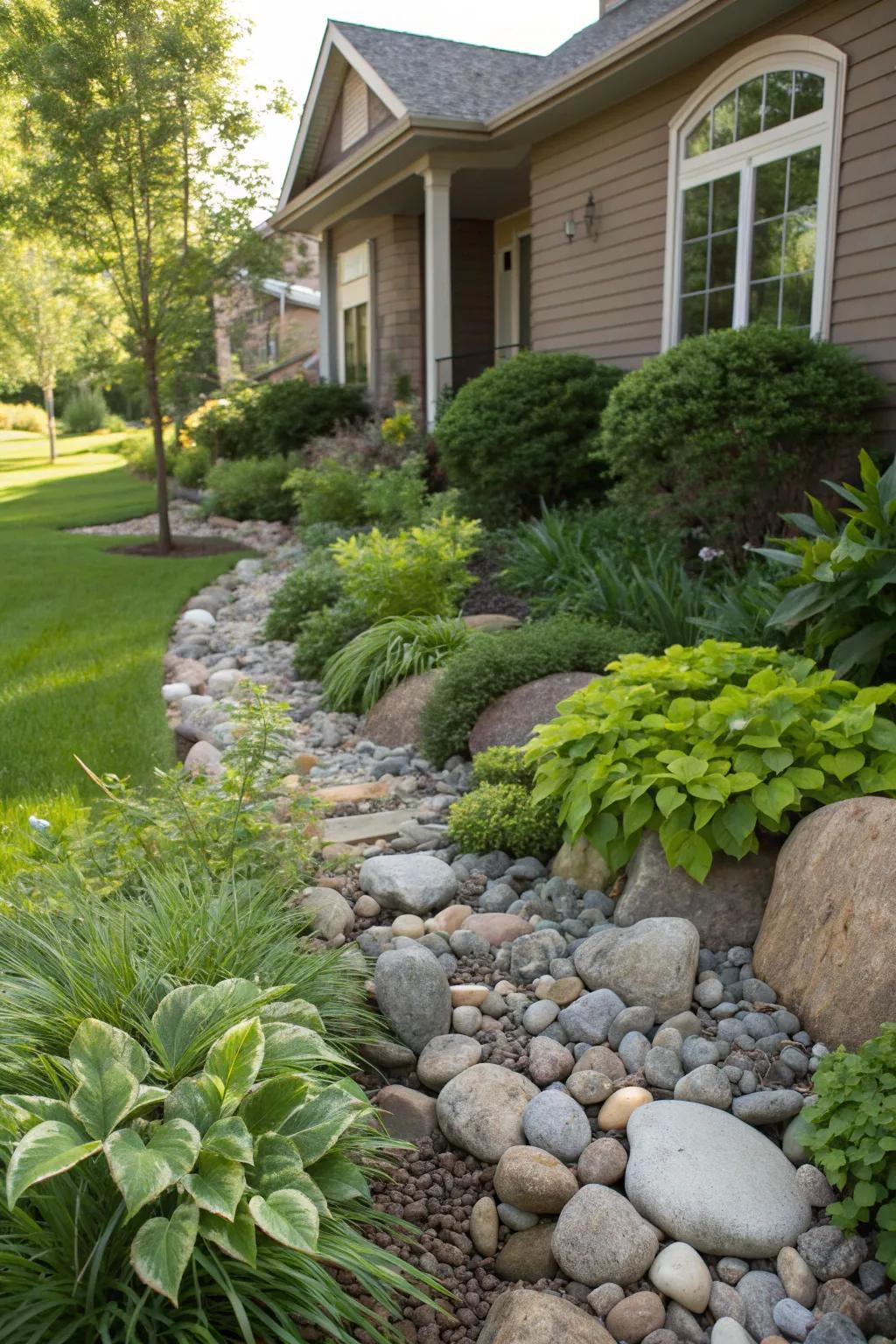 Ground cover plants create a lush effect among river rocks.
