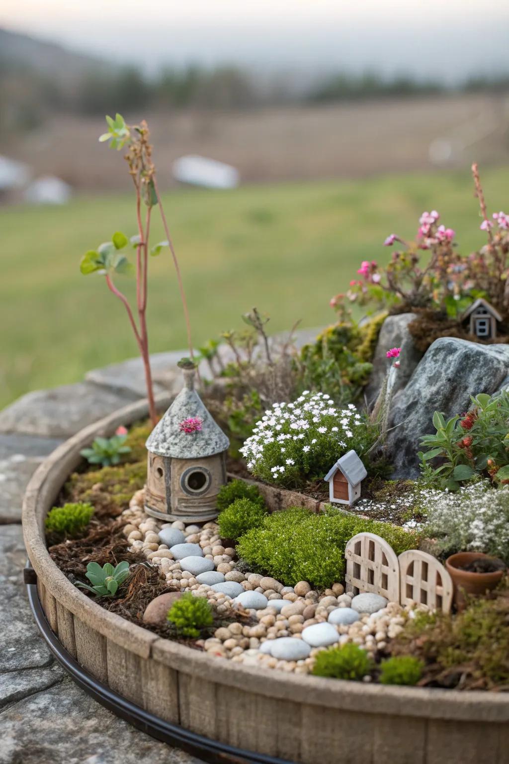 A whimsical fairy garden adds magic to this flower bed.