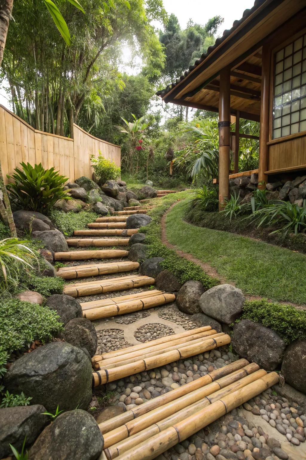 Bamboo steps bring an exotic and serene vibe to your yard.