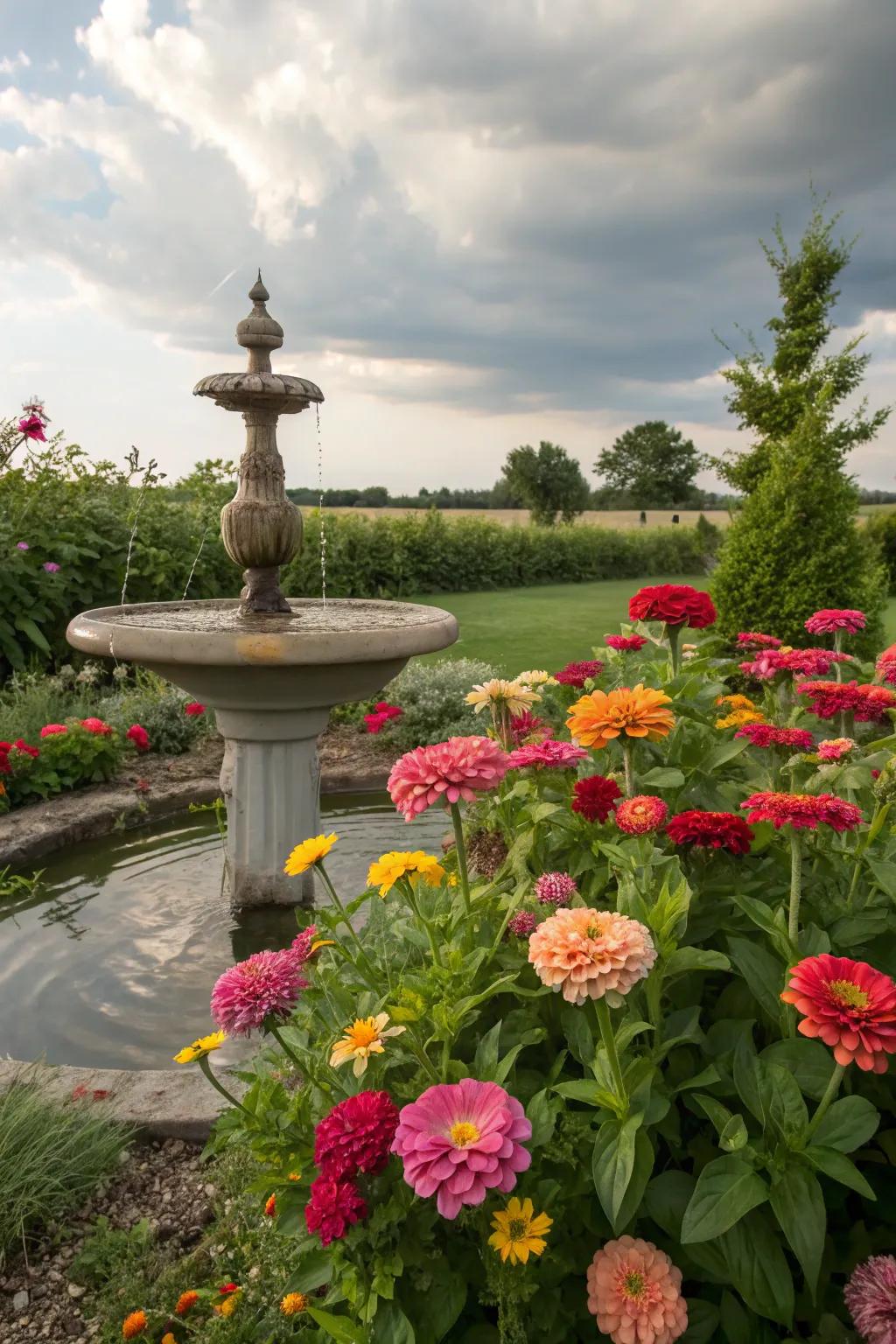 A water feature surrounded by zinnias adds tranquility and magic.