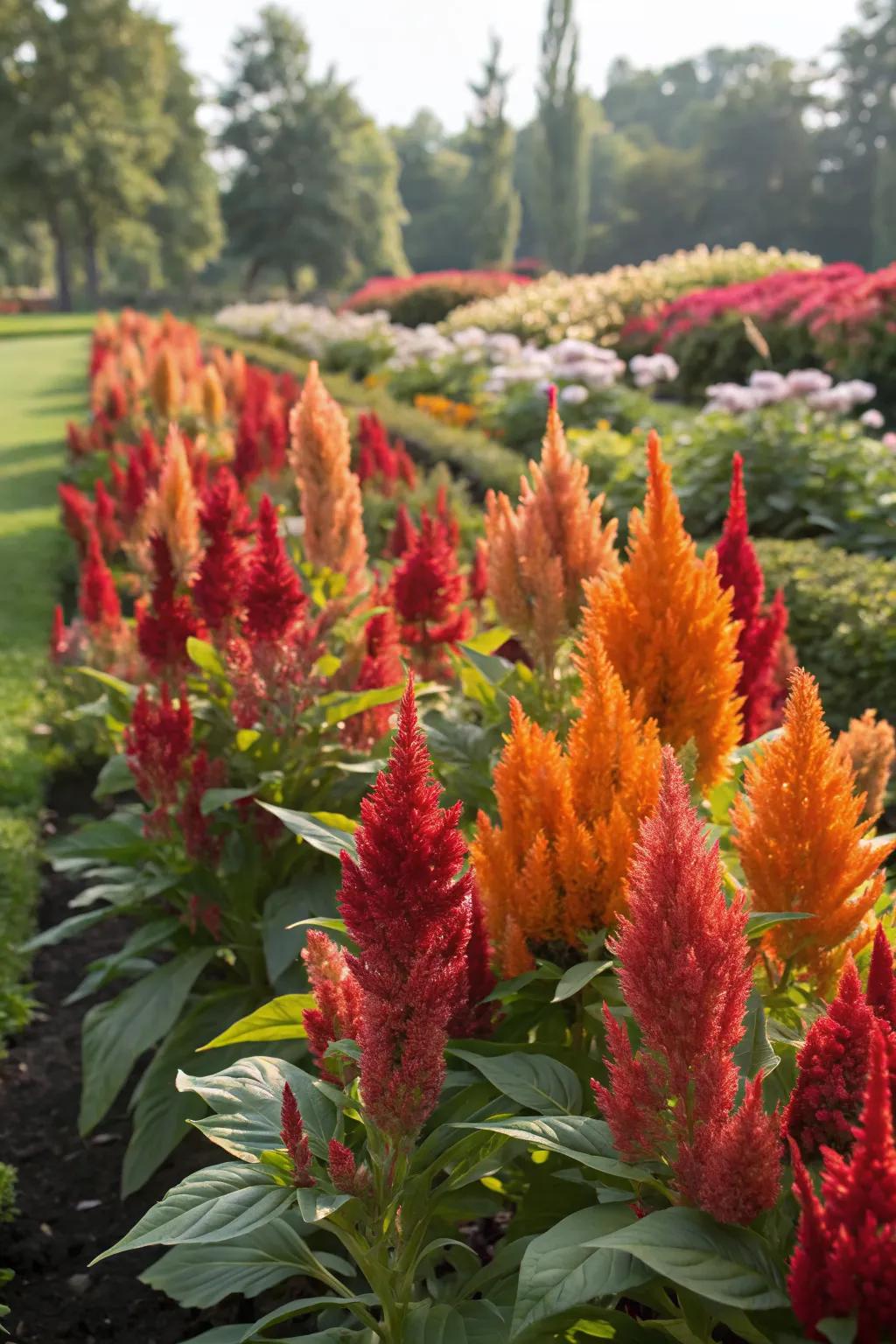 Feathery celosia adds texture and playfulness to this vibrant garden.