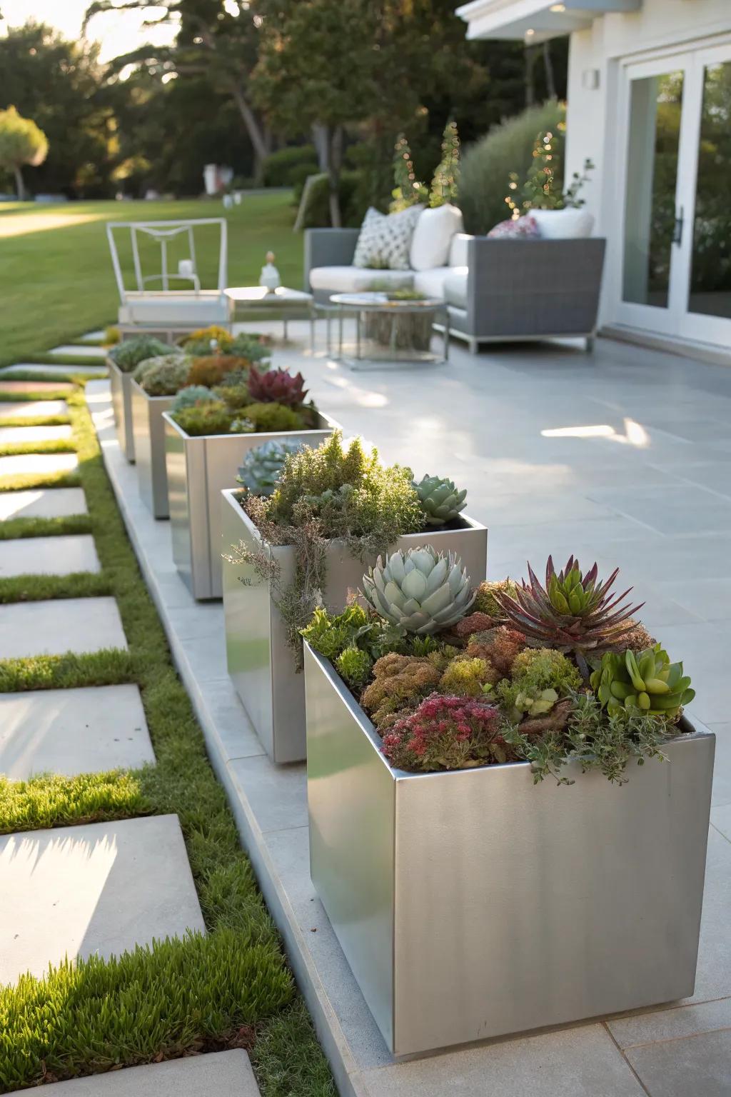 Metal containers with succulents offer a minimalist and modern look for sunny gardens.